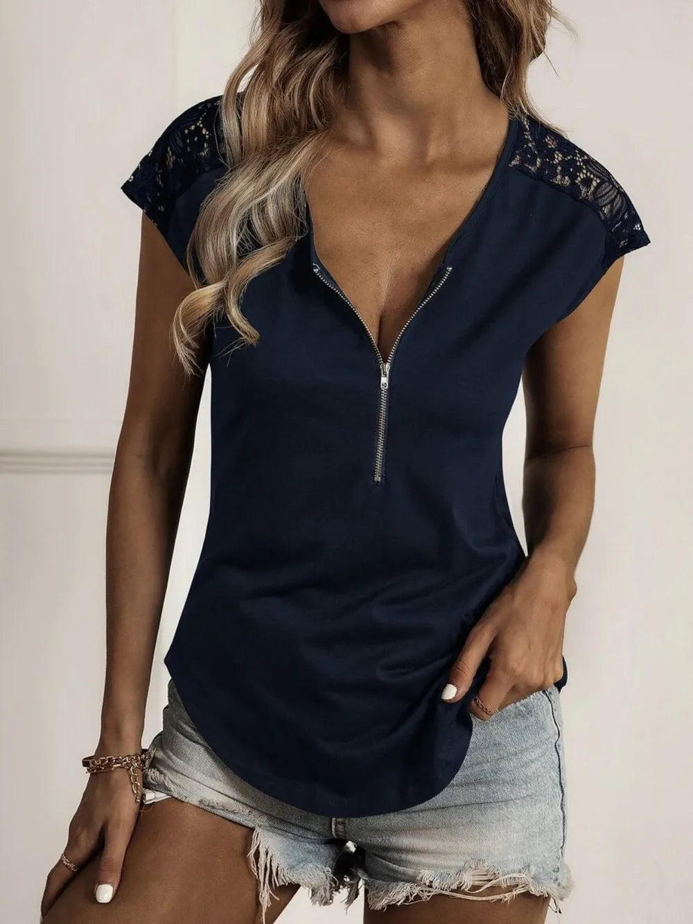 Lace Detail Half Zip Cap Sleeve T-Shirt – Trendsi | ClozArt