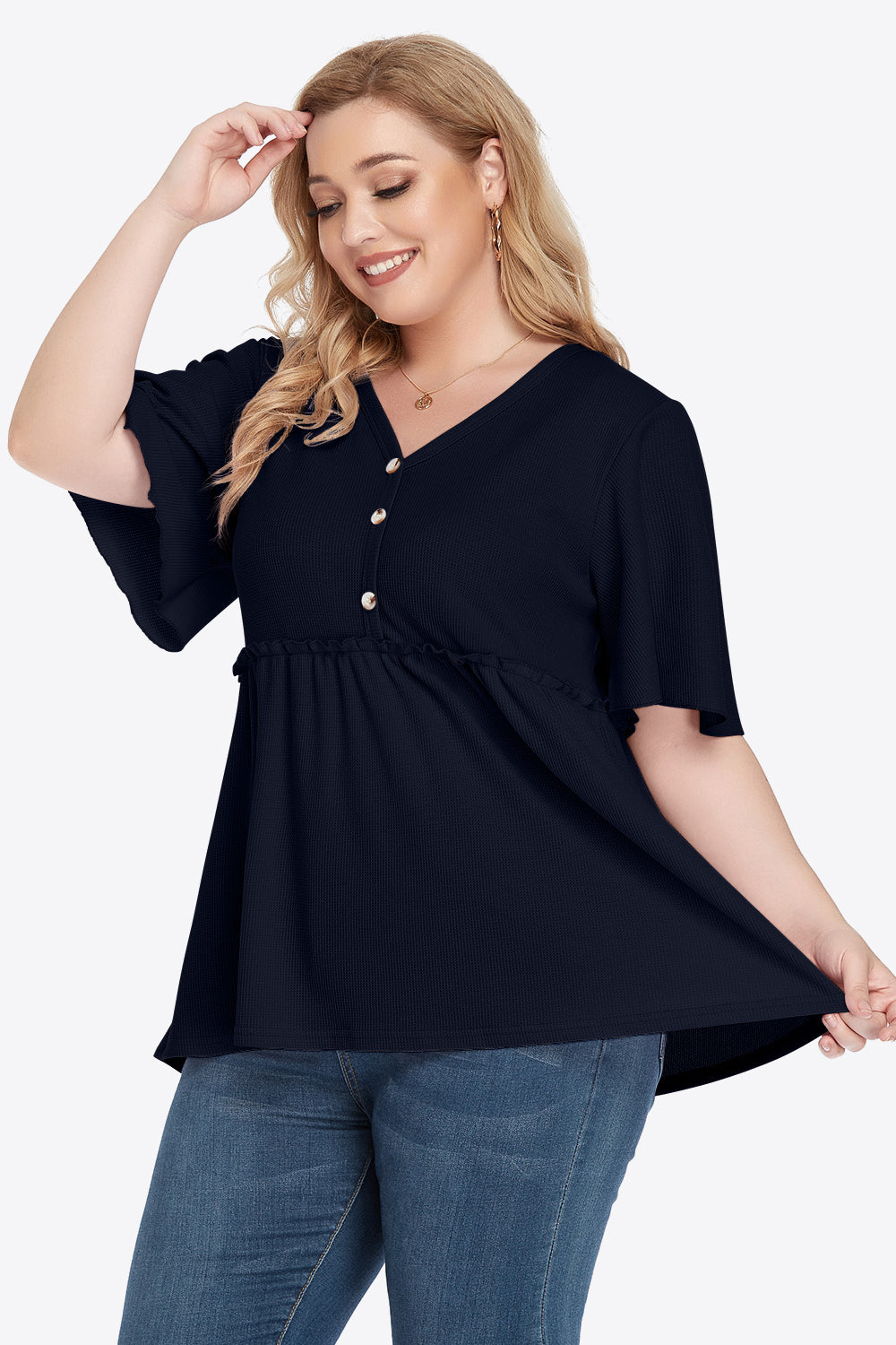 Plus Size Buttoned V-Neck Frill Trim Babydoll Blouse – Trendsi | ClozArt