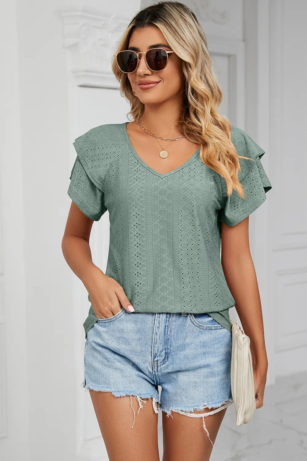 Eyelet V-Neck Short Sleeve T-Shirt – Trendsi | ClozArt