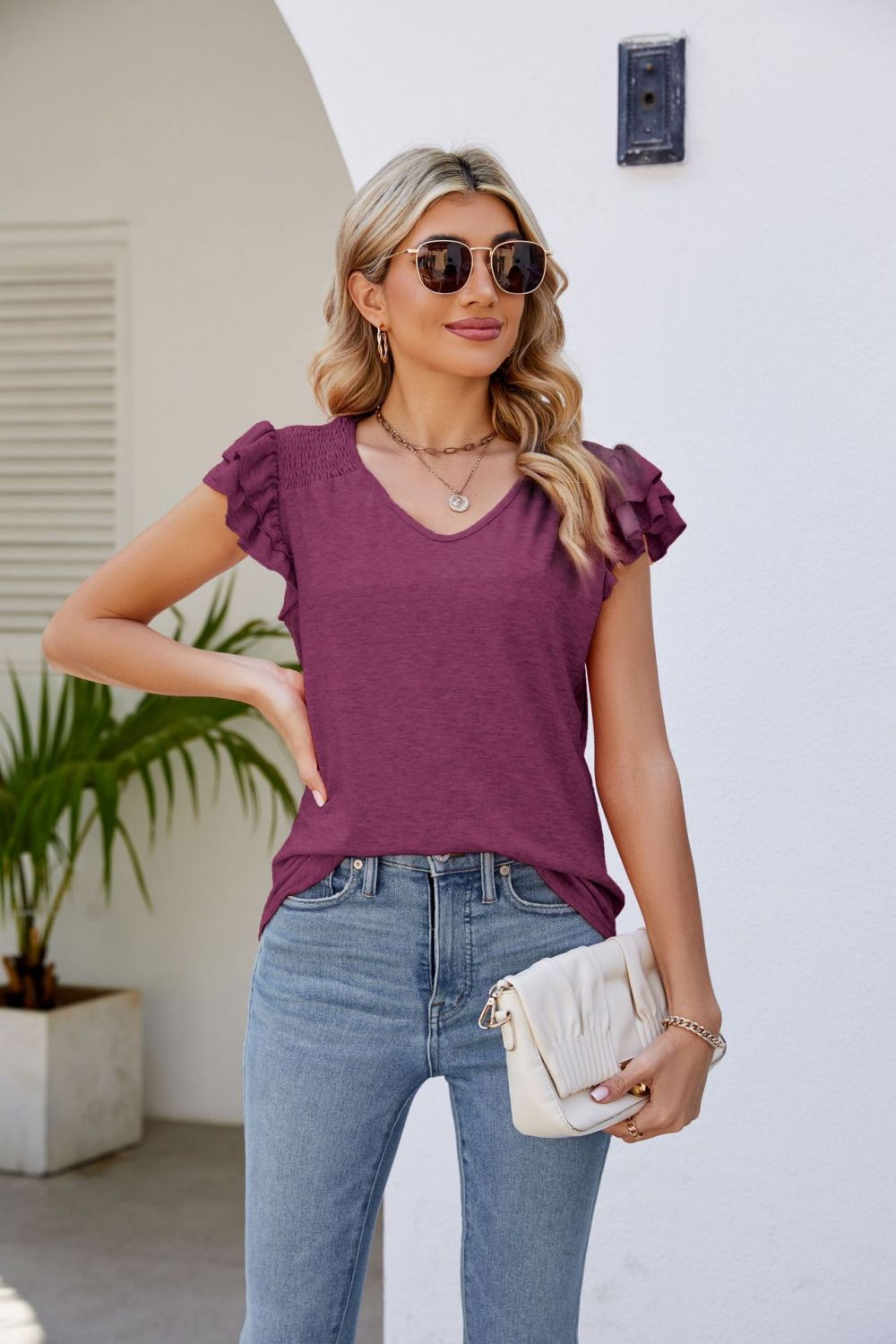 Smocked Flutter Sleeve V-Neck Top – Trendsi | ClozArt