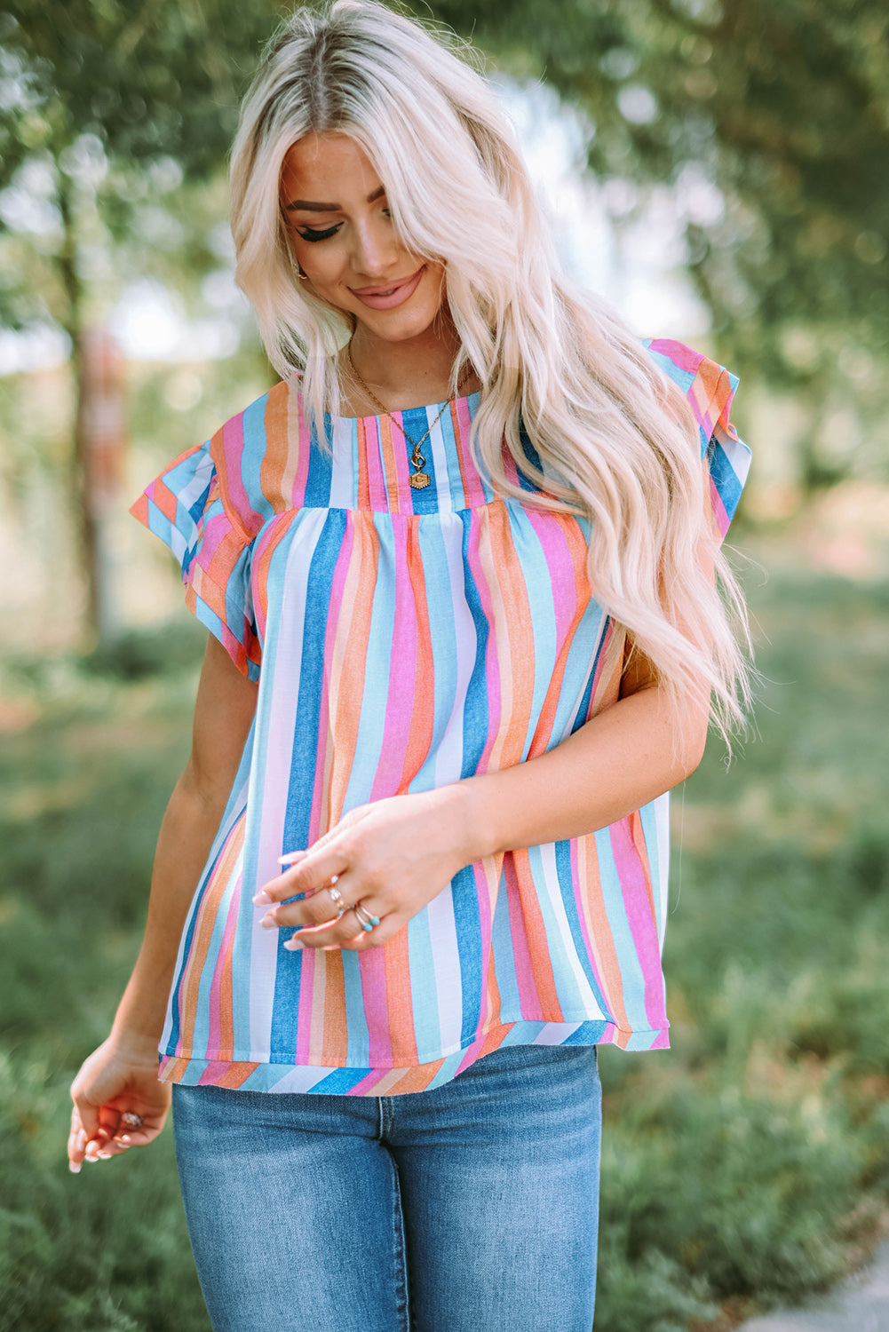 Multicolored Stripe Flutter Sleeve Blouse – Trendsi | ClozArt