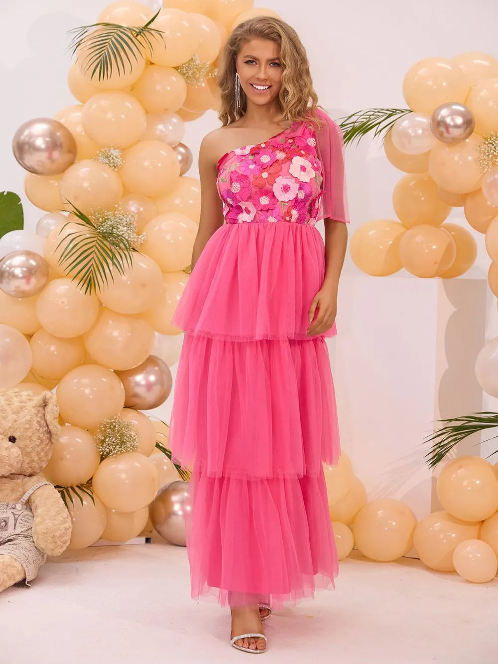 Embroidered Layered Single Shoulder Midi Dress – Trendsi | ClozArt