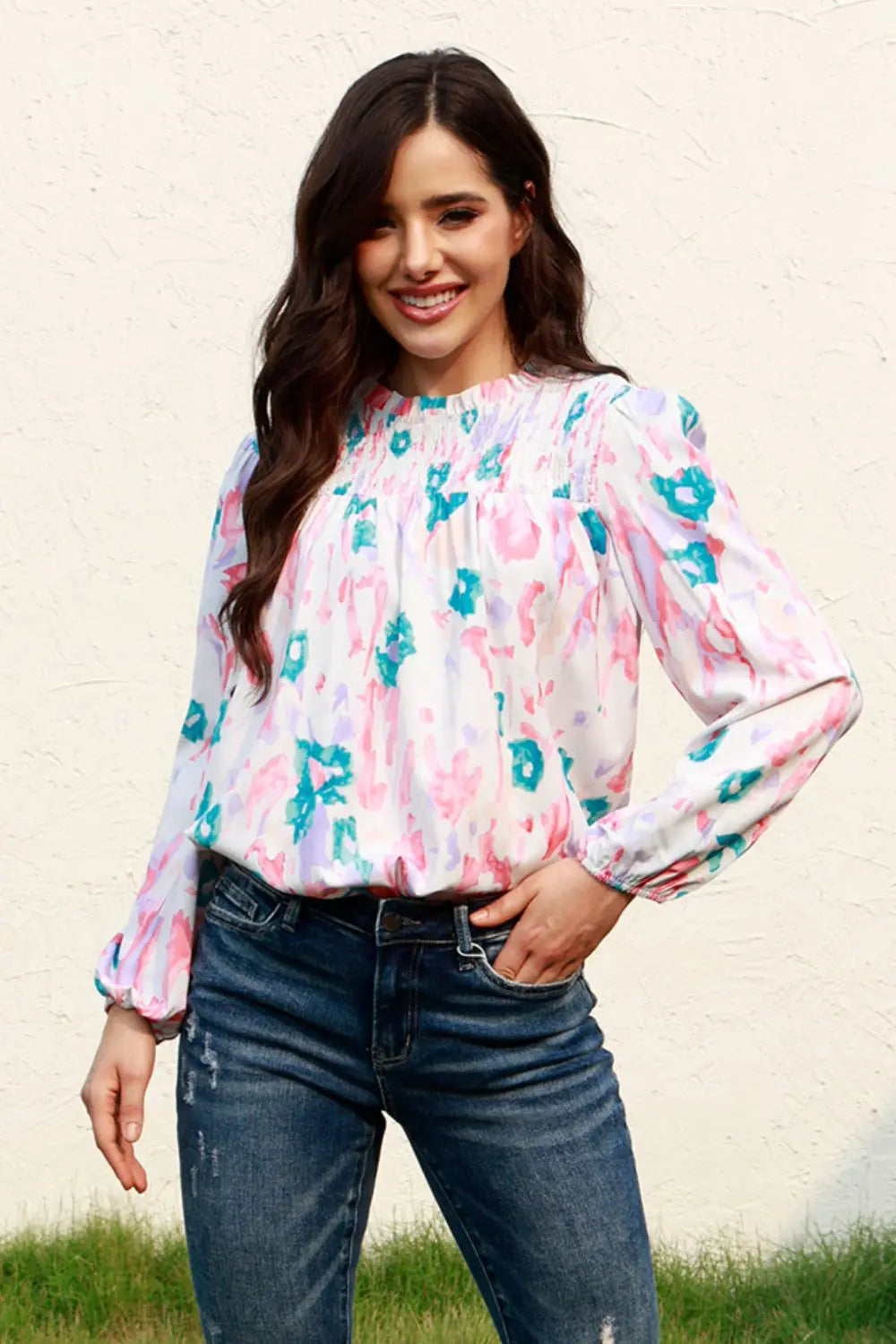 Floral Smocked Balloon Sleeve Round Neck Blouse – Trendsi | ClozArt