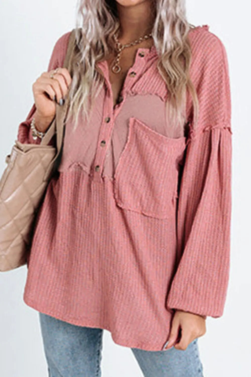 Half Button Raw Hem Long Sleeve Blouse – Trendsi | ClozArt