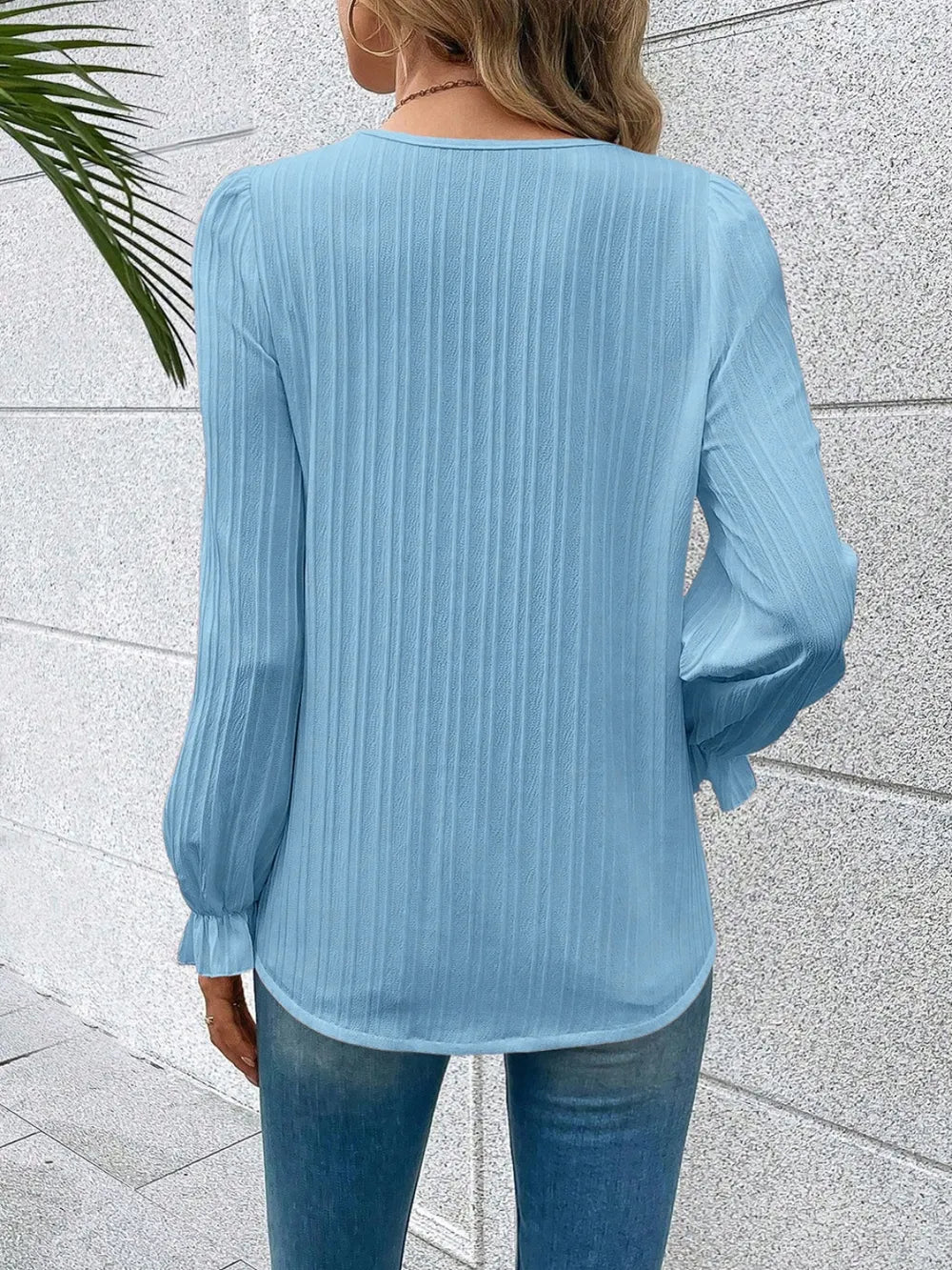 V-Neck Lace Detail Flounce Sleeve Blouse – Trendsi | ClozArt