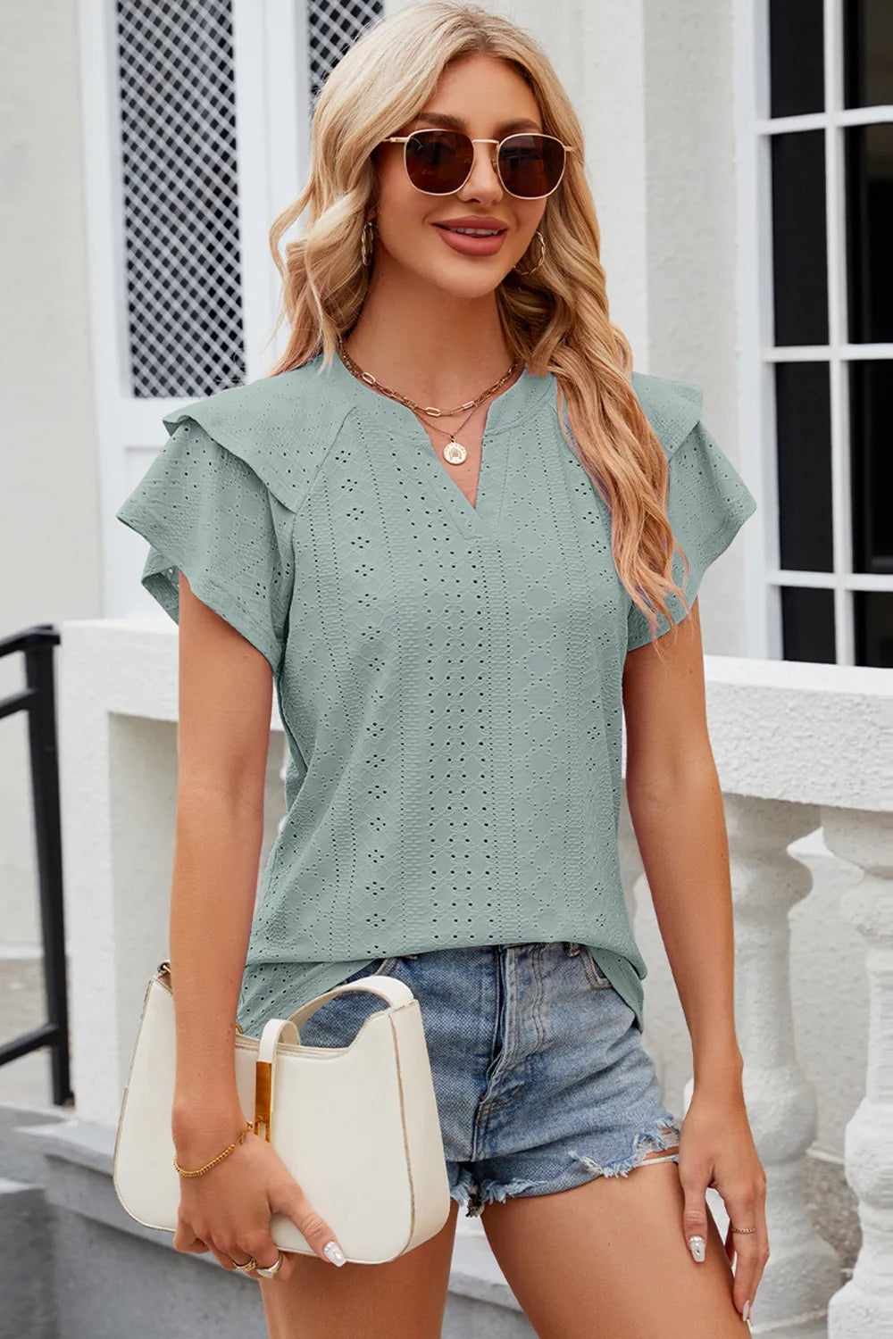 Eyelet Notched Flutter Sleeve T-Shirt – Trendsi | ClozArt