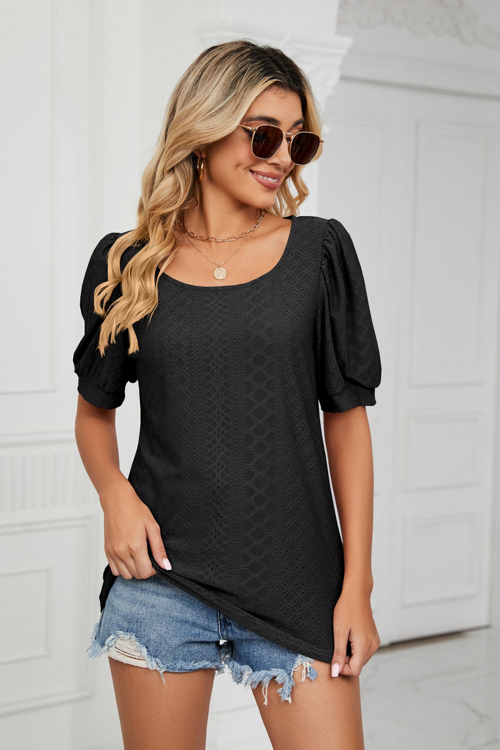 Eyelet Puff Sleeve Round Neck Top – Trendsi | ClozArt