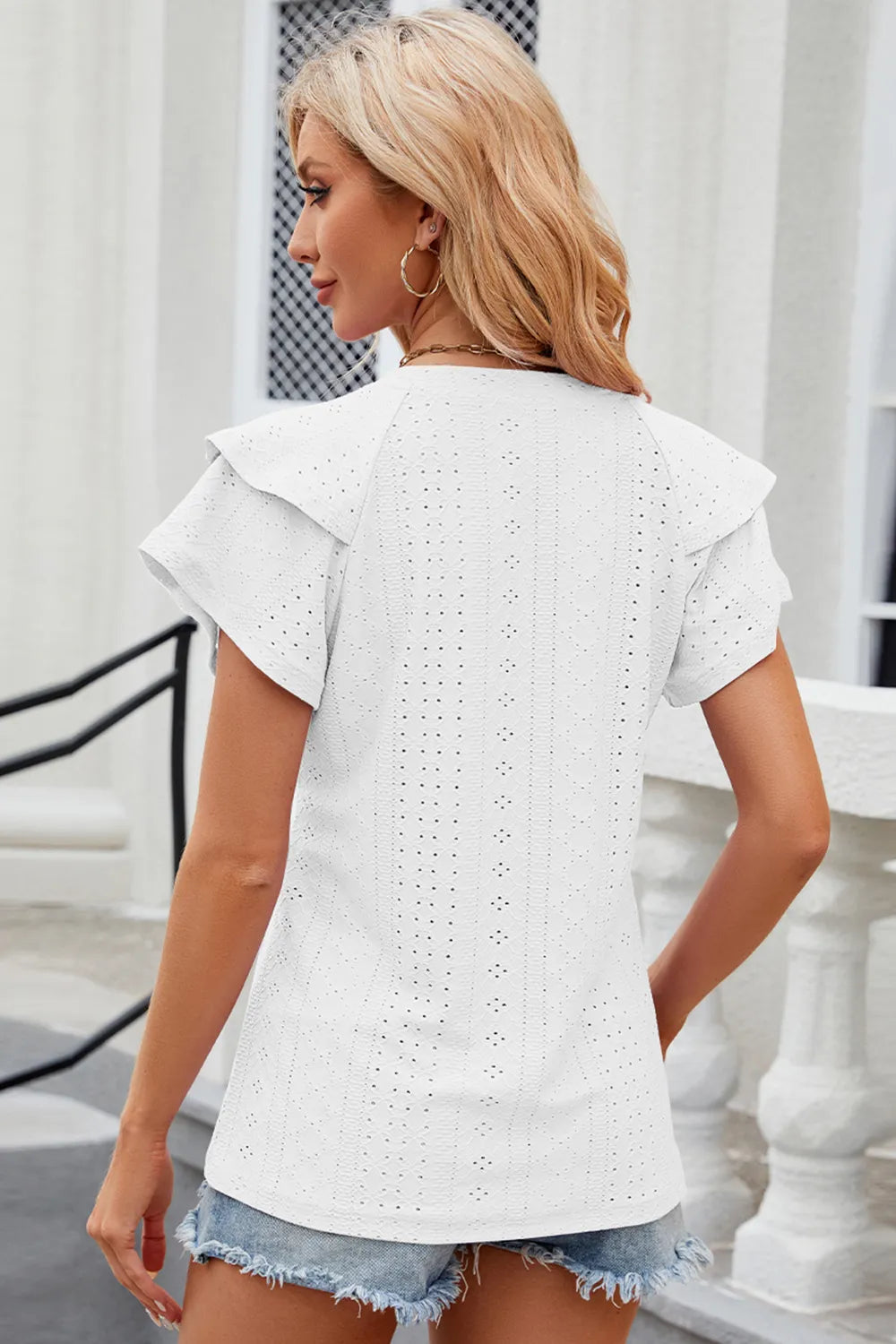 Eyelet Notched Flutter Sleeve T-Shirt – Trendsi | ClozArt