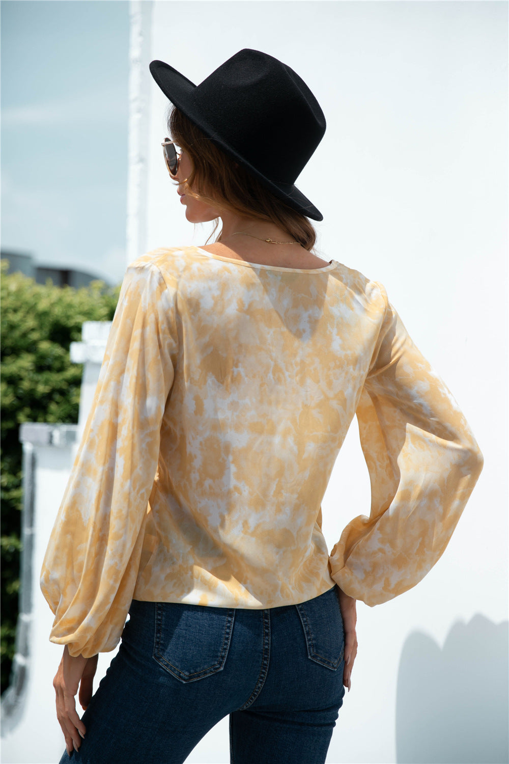 Tie-Dye Tied Balloon Sleeve Blouse – Trendsi | ClozArt