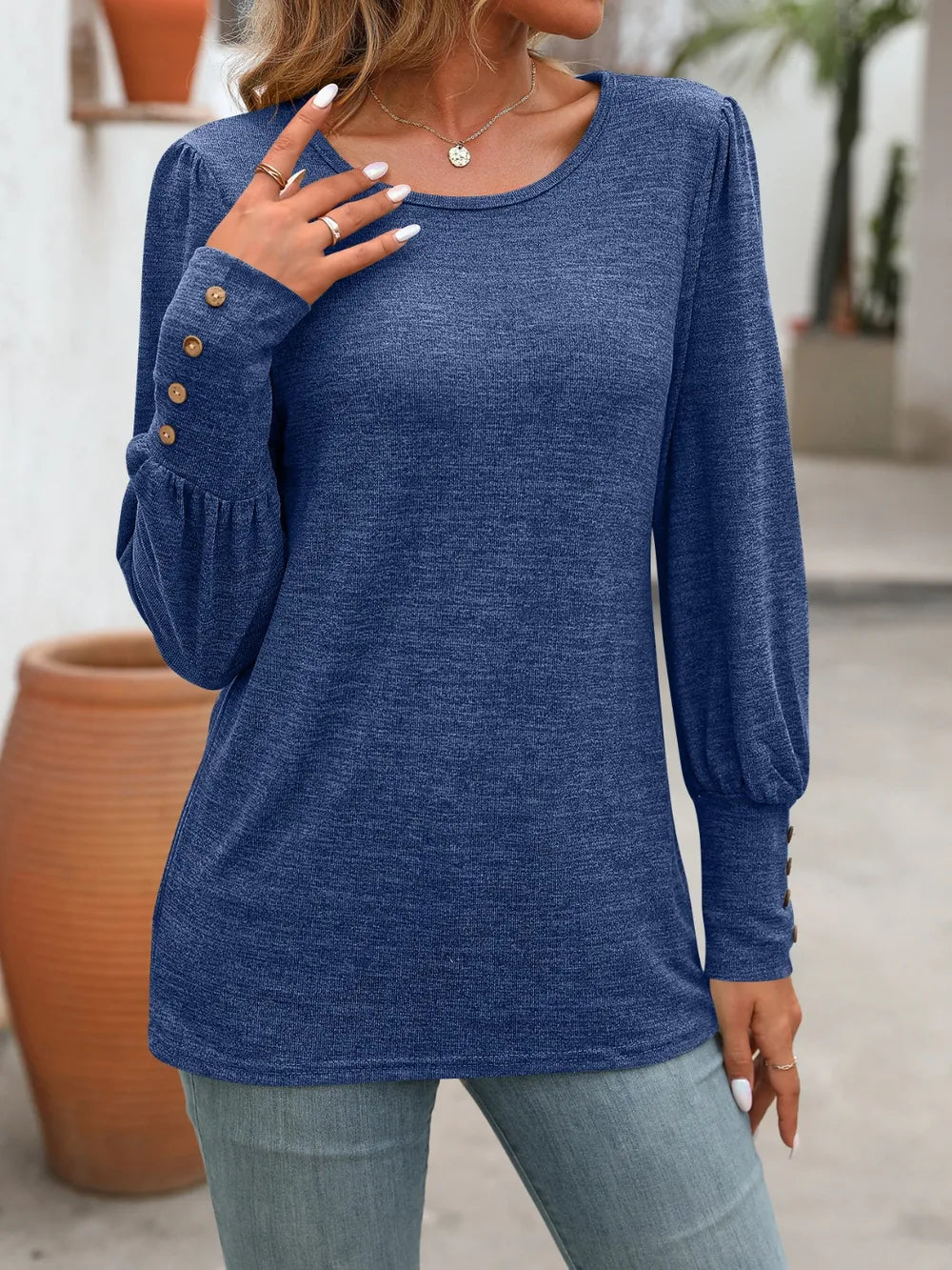 Decorative Button Round Neck Long Sleeve T-Shirt – Trendsi | ClozArt