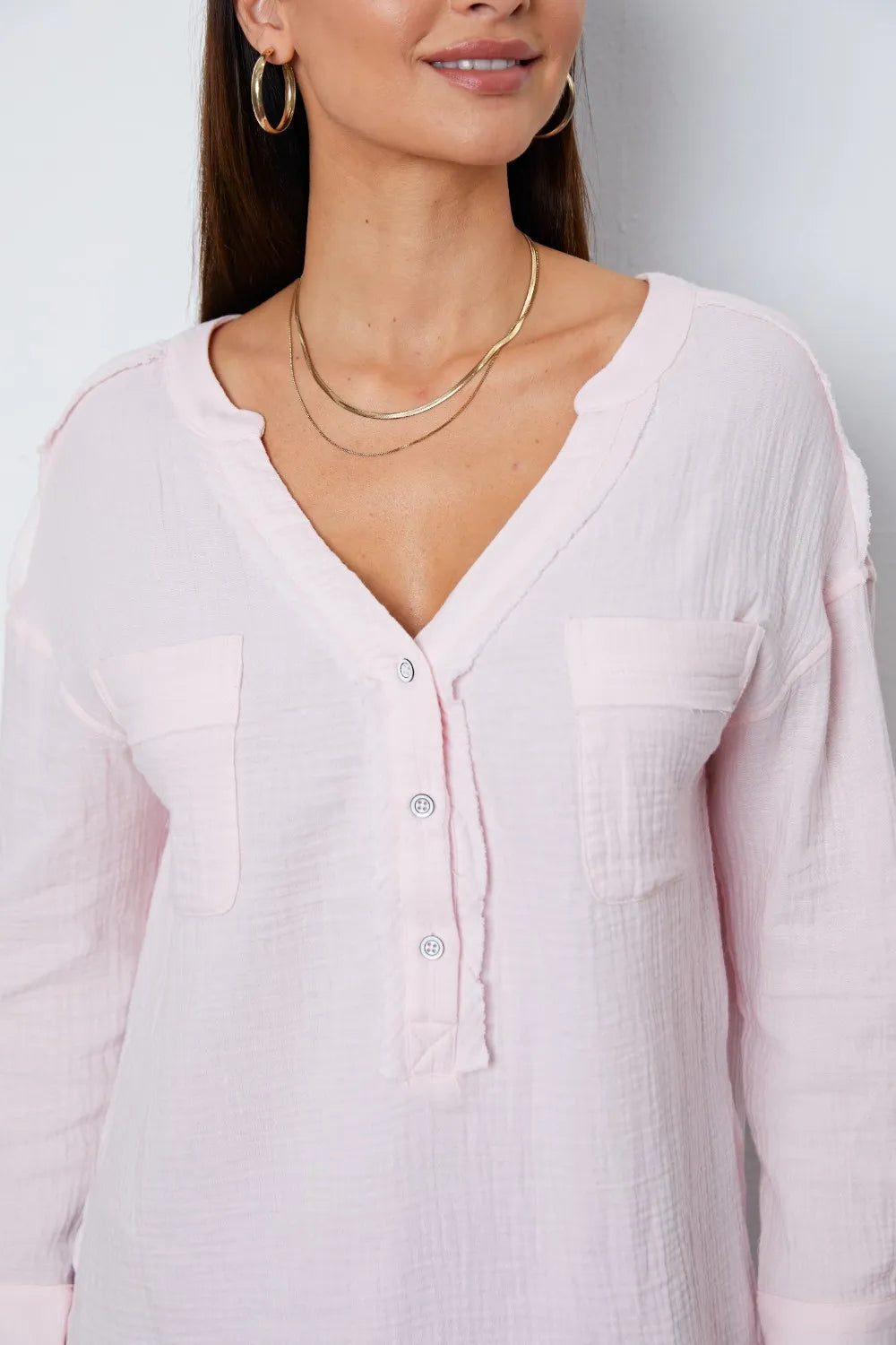 Texture Half Button Raw Hem Top – Trendsi | ClozArt