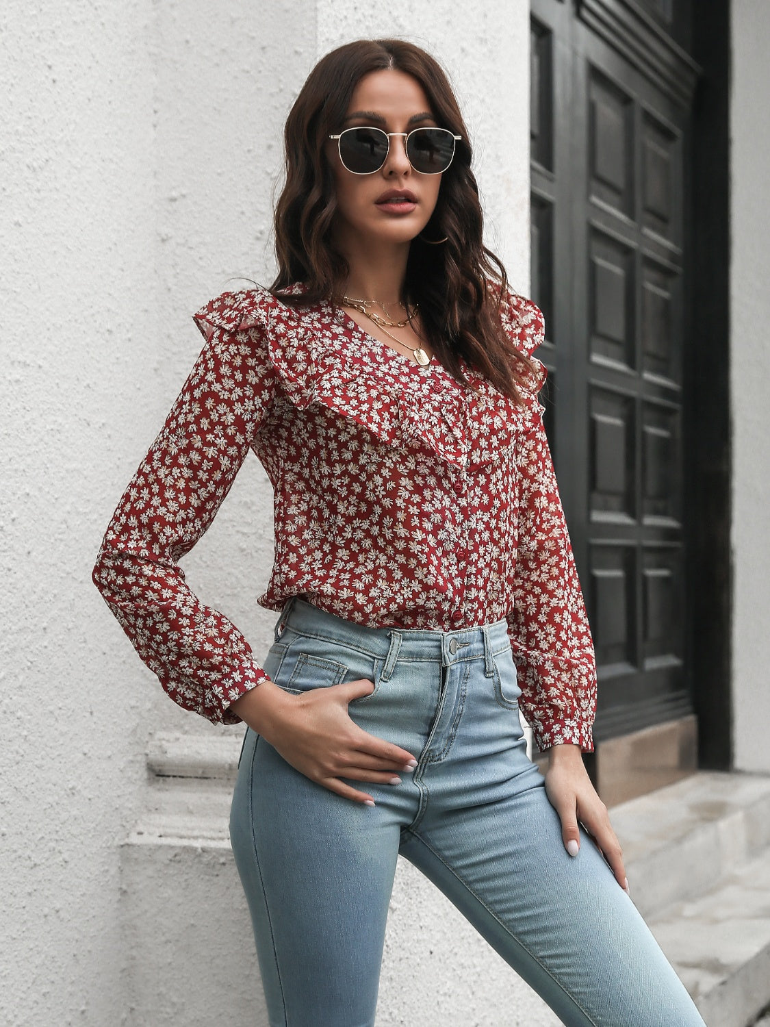 Printed Statement Collar Long Sleeve Blouse – Trendsi | ClozArt