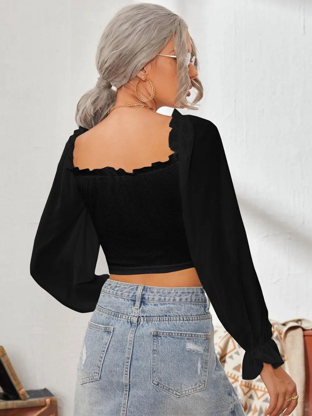 Mesh Sweetheart Neck Flounce Sleeve Top – Trendsi | ClozArt