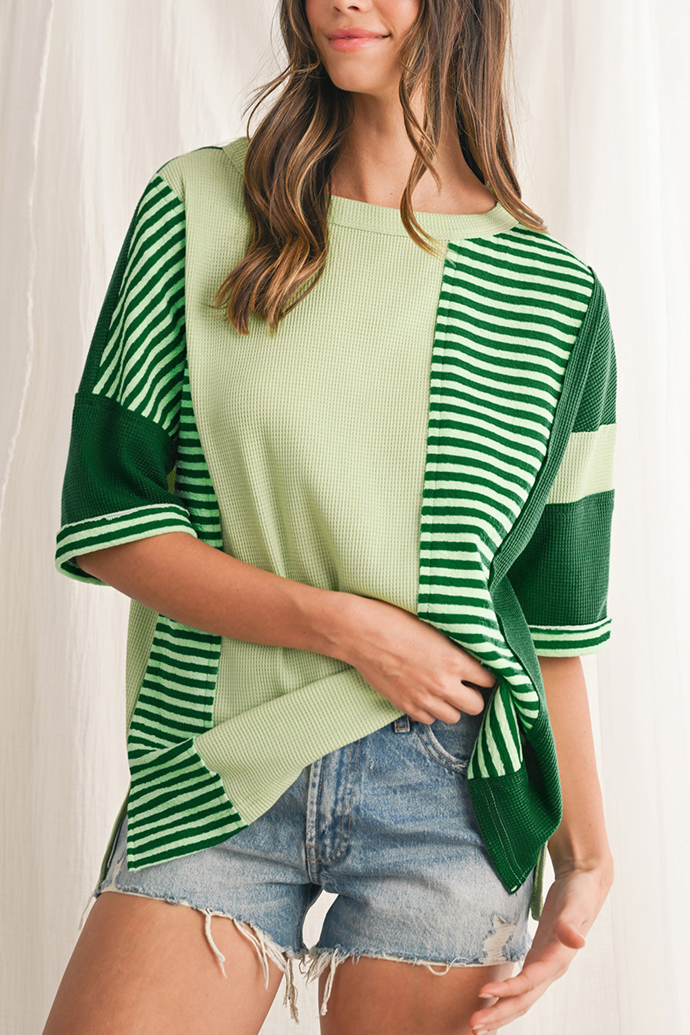 Mint Green Striped Patchwork Half Sleeve T Shirt – Shewin | ClozArt