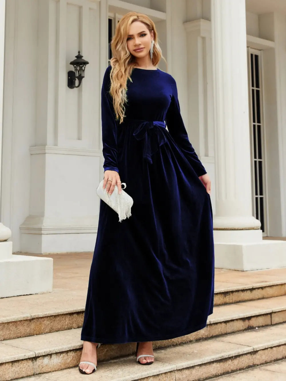 Tie Front Round Neck Long Sleeve Maxi Dress – Trendsi | ClozArt