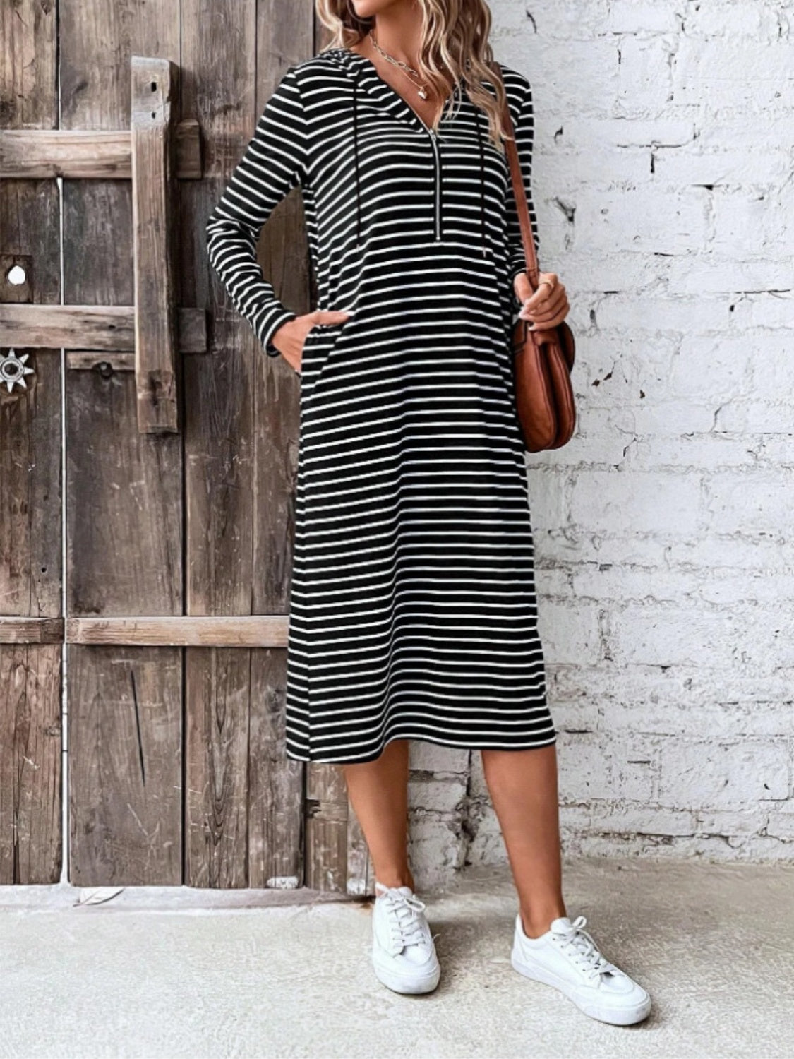 Striped Zip Front Hooded Dress – Trendsi | ClozArt