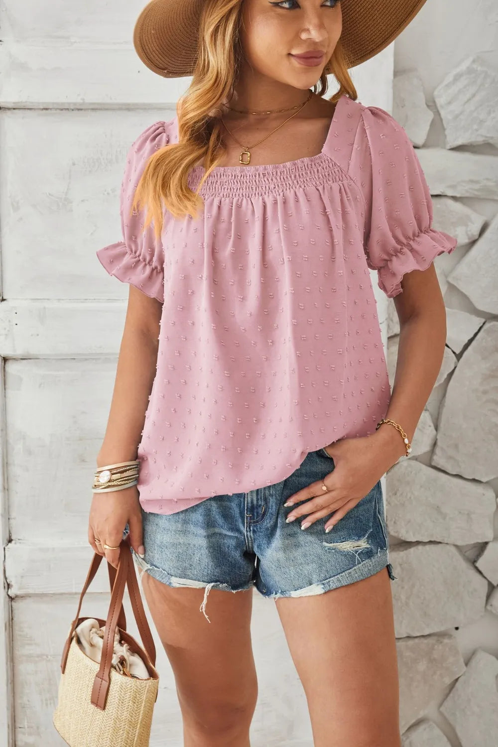 Swiss Dot Smocked Square Neck Short Sleeve T-Shirt – Trendsi | ClozArt