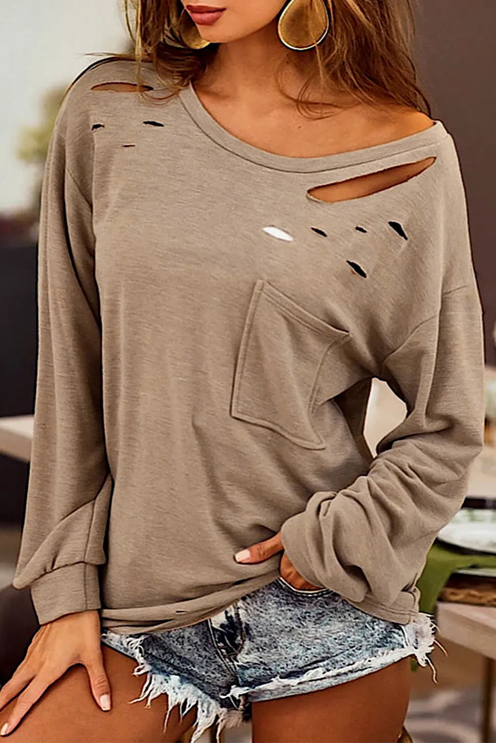 Distressed Pocketed Round Neck Long Sleeve T-Shirt – Trendsi | ClozArt
