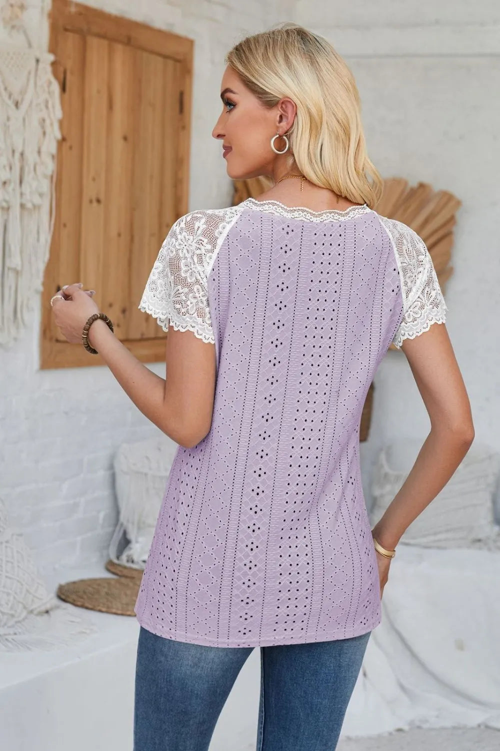Eyelet V-Neck Lace Short Sleeve T-Shirt – Trendsi | ClozArt