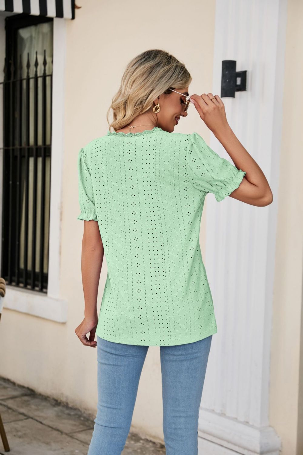 Eyelet Flounce Sleeve Scalloped V-Neck Top – Trendsi | ClozArt