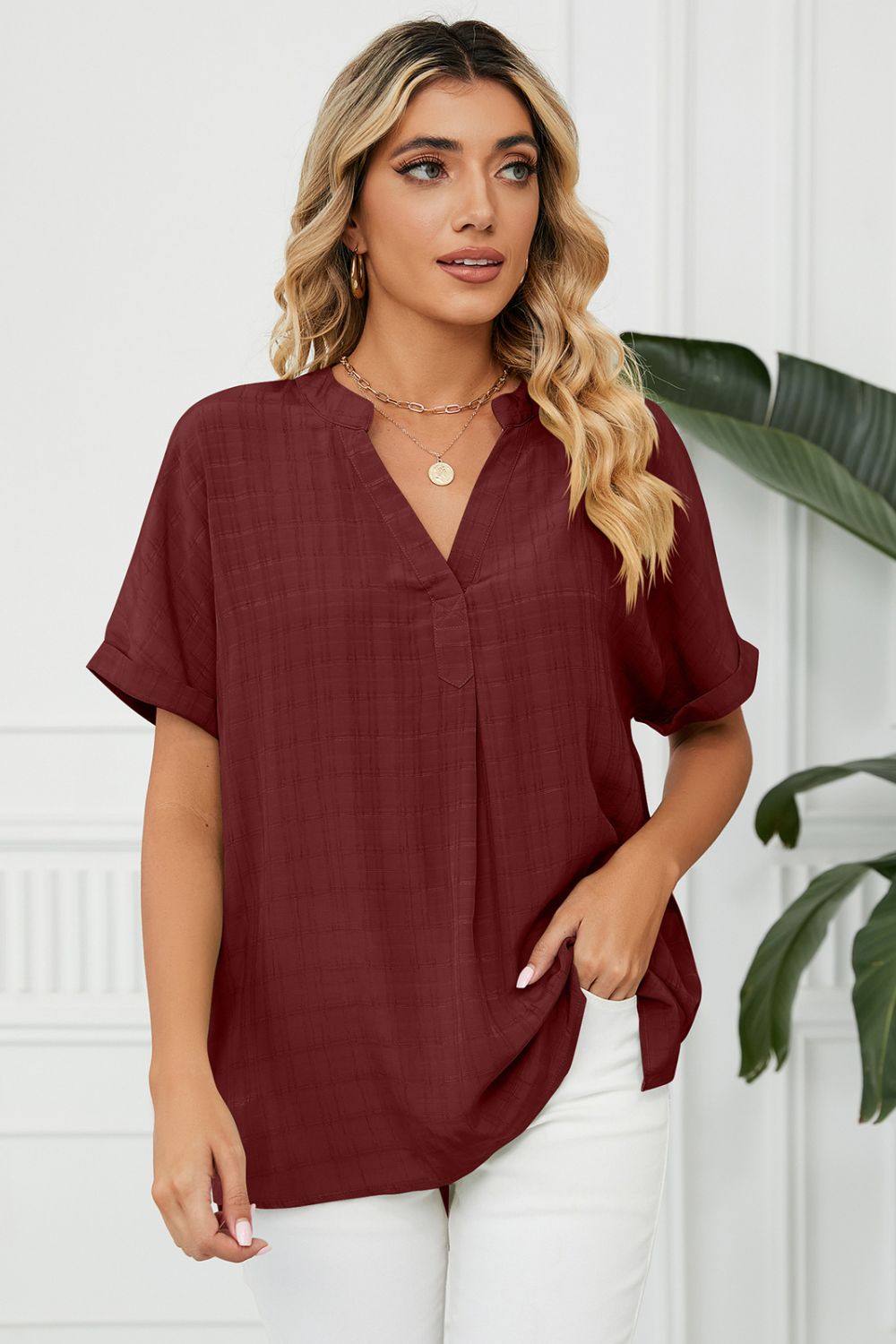 Side Slit Notched Neck Cuffed Short Sleeve Blouse – Trendsi | ClozArt