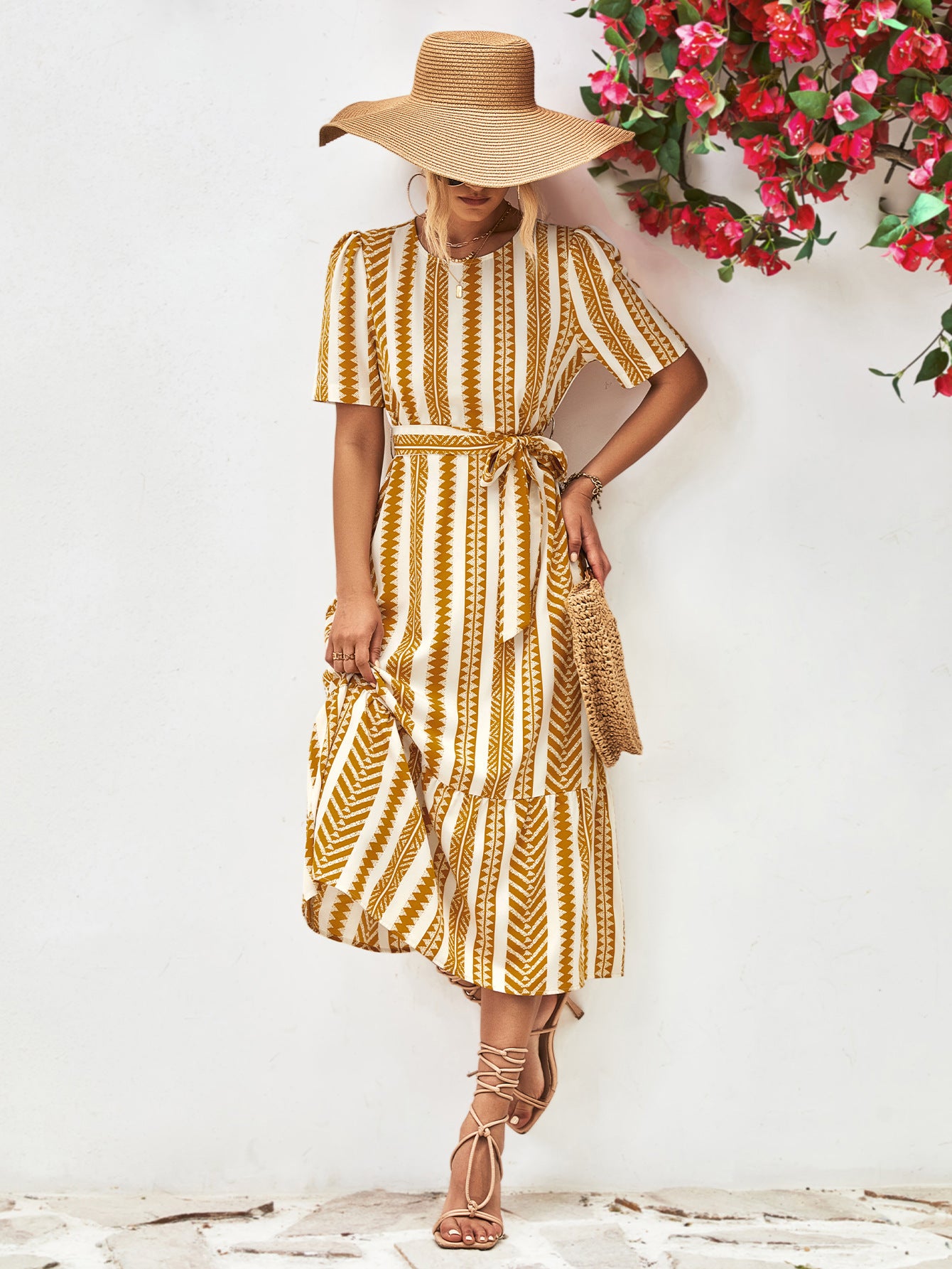 Striped Tie Belt Round Neck Puff Sleeve Dress – Trendsi | ClozArt