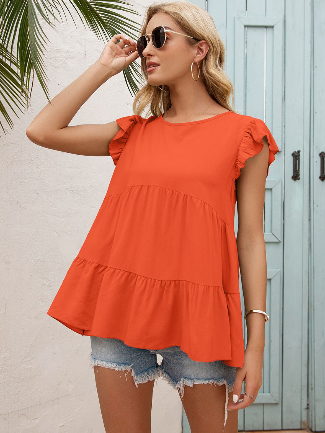 Ivy Lane Round Neck Flutter Sleeve Tiered Blouse – Trendsi | ClozArt