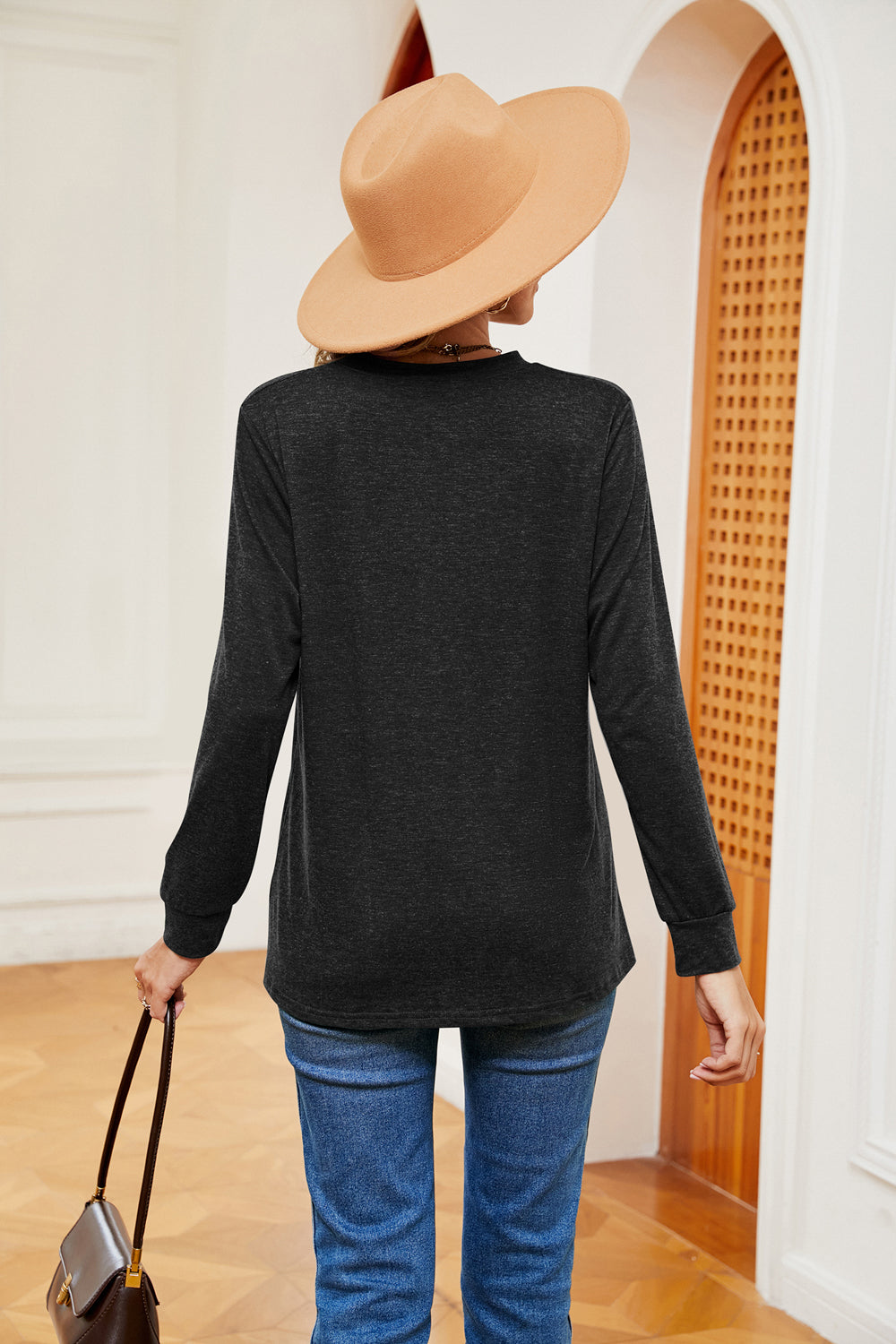 Buttoned Notched Neck Long Sleeve Top – Trendsi | ClozArt