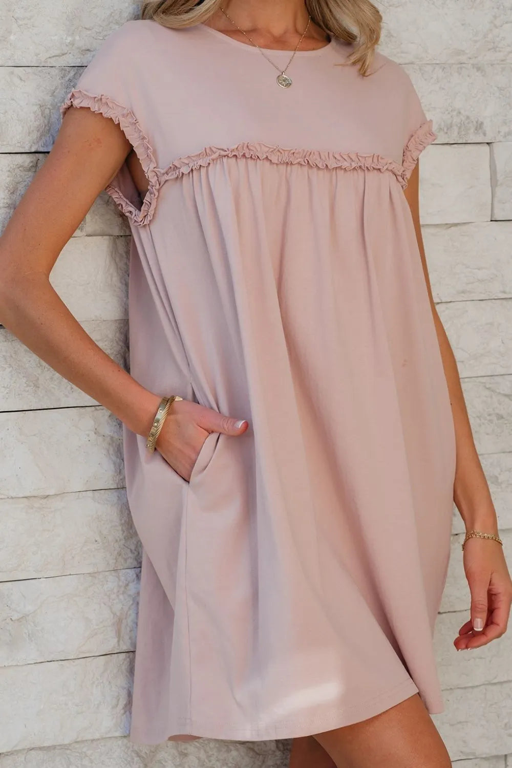 Frilled Trim Crew Neck Cap Sleeve Loose Fit Mini Dress – Trendsi | ClozArt