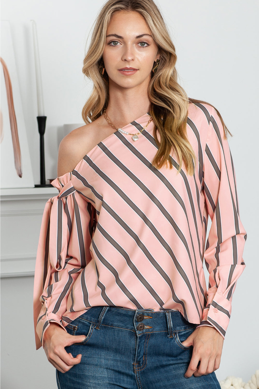 Striped Asymmetrical Long Sleeve Blouse – Trendsi | ClozArt
