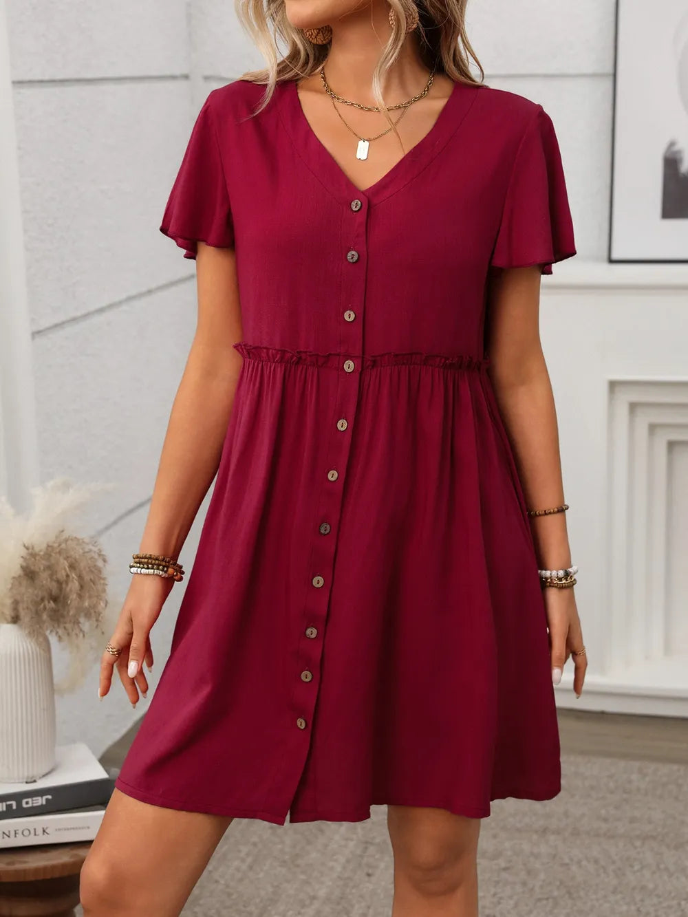Button Front Flutter Sleeve Dress – Trendsi | ClozArt