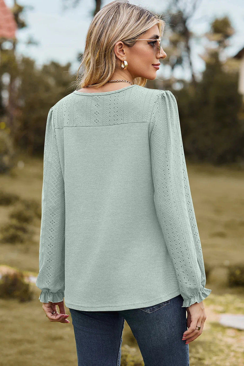 Eyelet Round Neck Flounce Sleeve T-Shirt – Trendsi | ClozArt