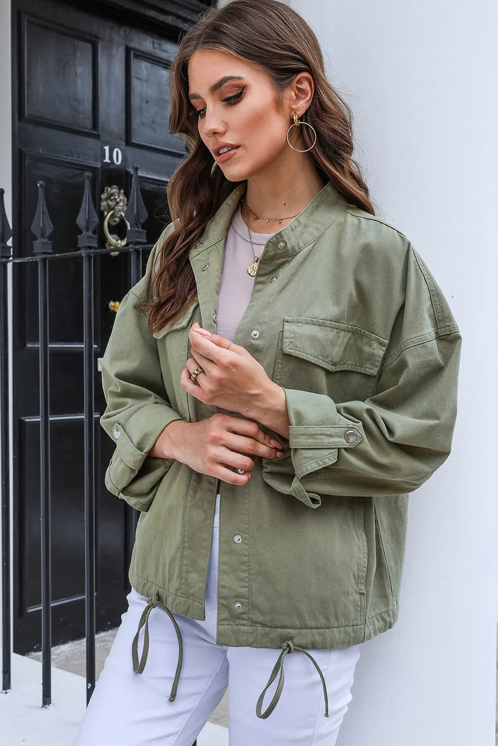 Drawstring Snap Down Dropped Shoulder Denim Jacket – Trendsi | ClozArt