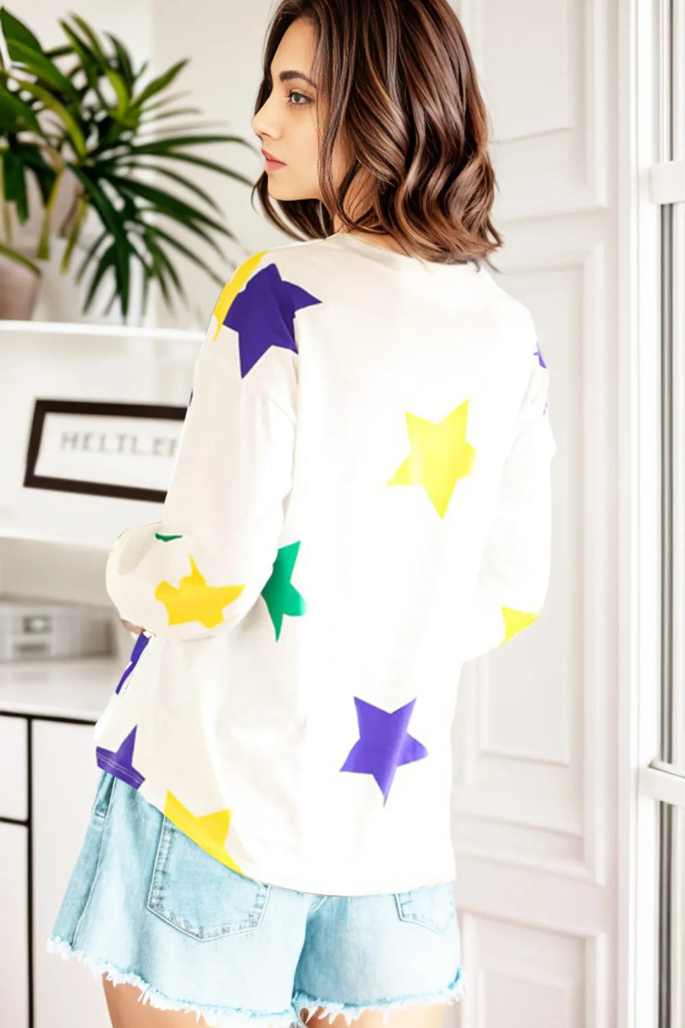 Star Print Round Neck Lantern Sleeve T-Shirt – Trendsi | ClozArt