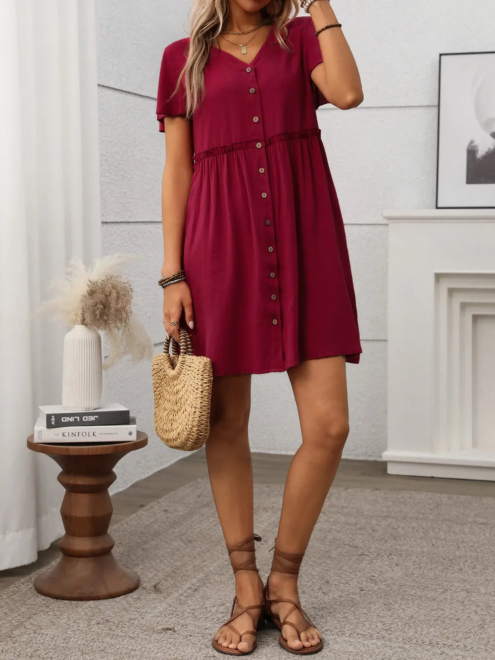 Button Front Flutter Sleeve Dress – Trendsi | ClozArt