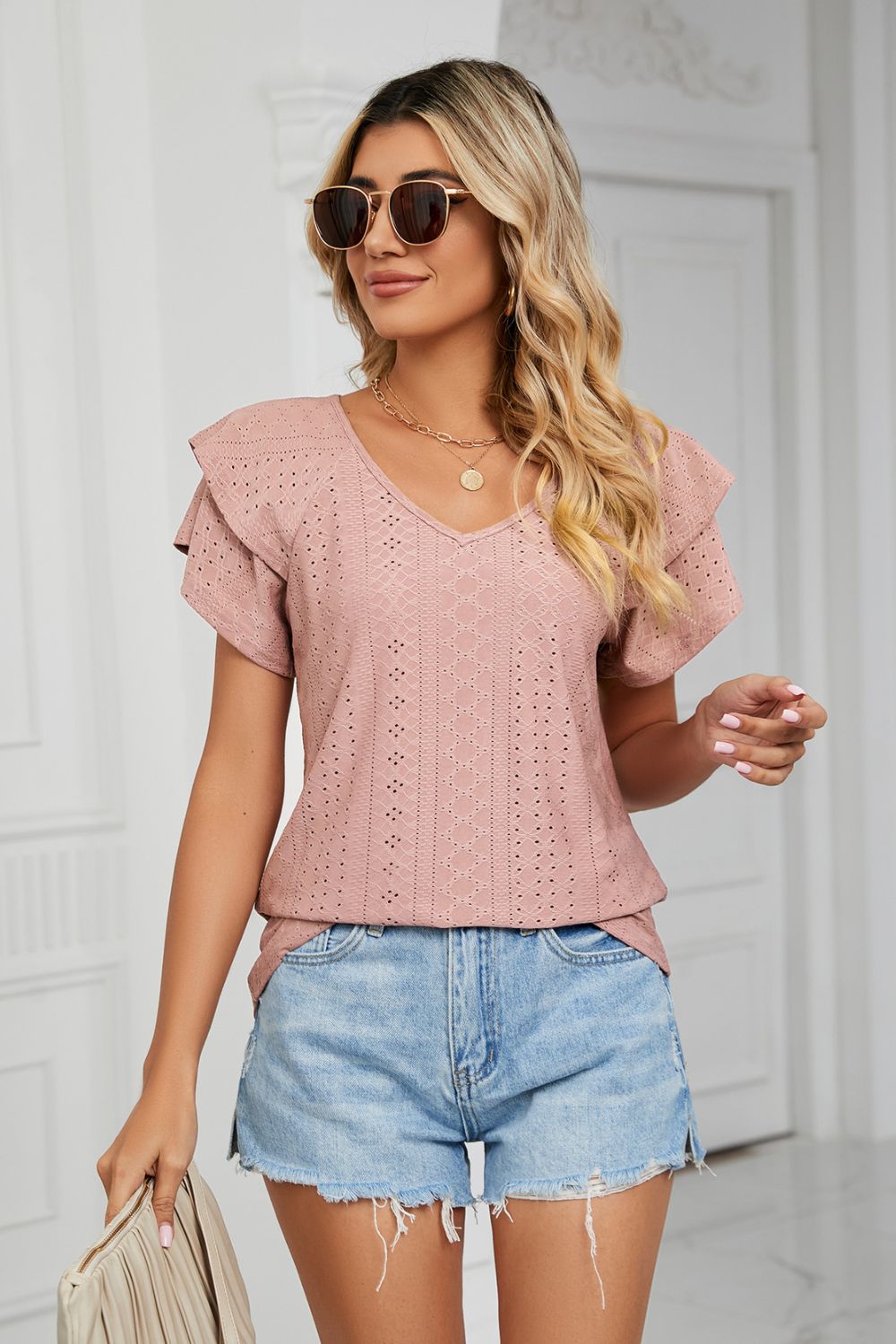 Eyelet Layered Flutter Sleeve V-Neck Knit Top – Trendsi | ClozArt