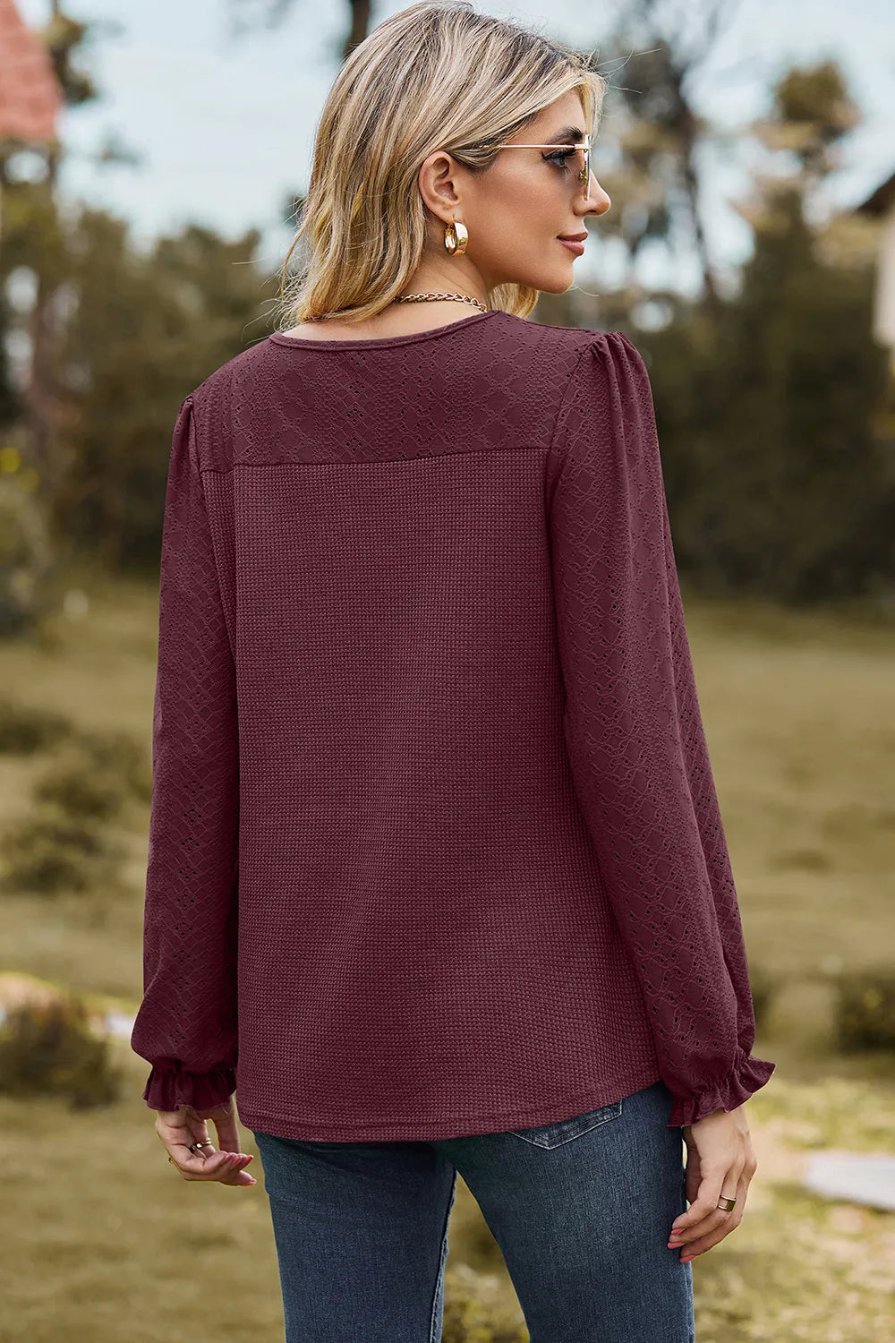 Eyelet Round Neck Flounce Sleeve T-Shirt – Trendsi | ClozArt