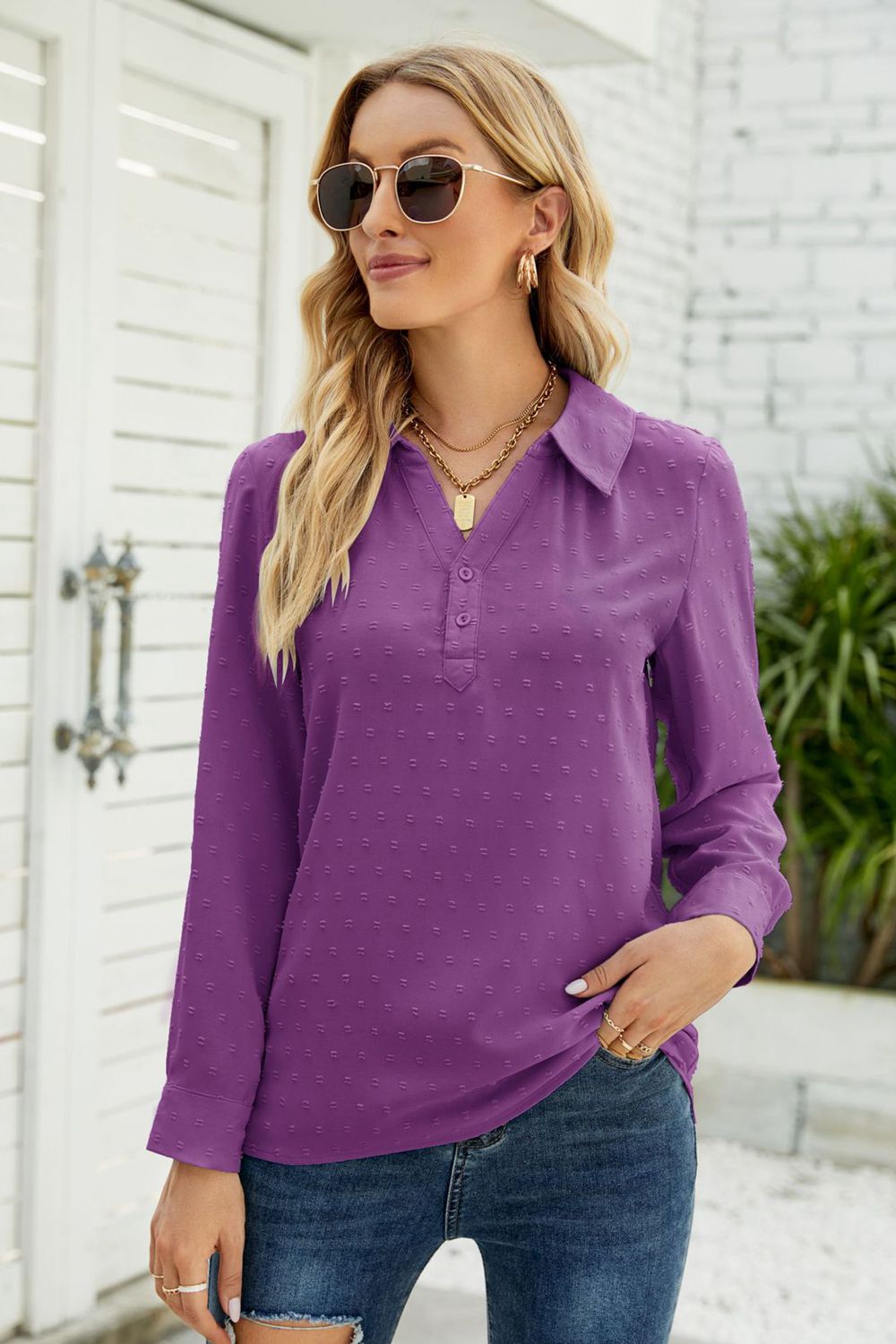 Swiss Dot Johnny Collar Blouse – Trendsi | ClozArt