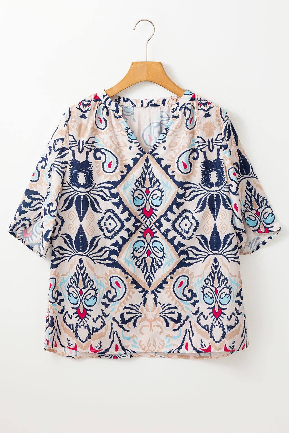 White Abstract Print V-Neck Half Tulip Sleeve Blouse – Shewin | ClozArt