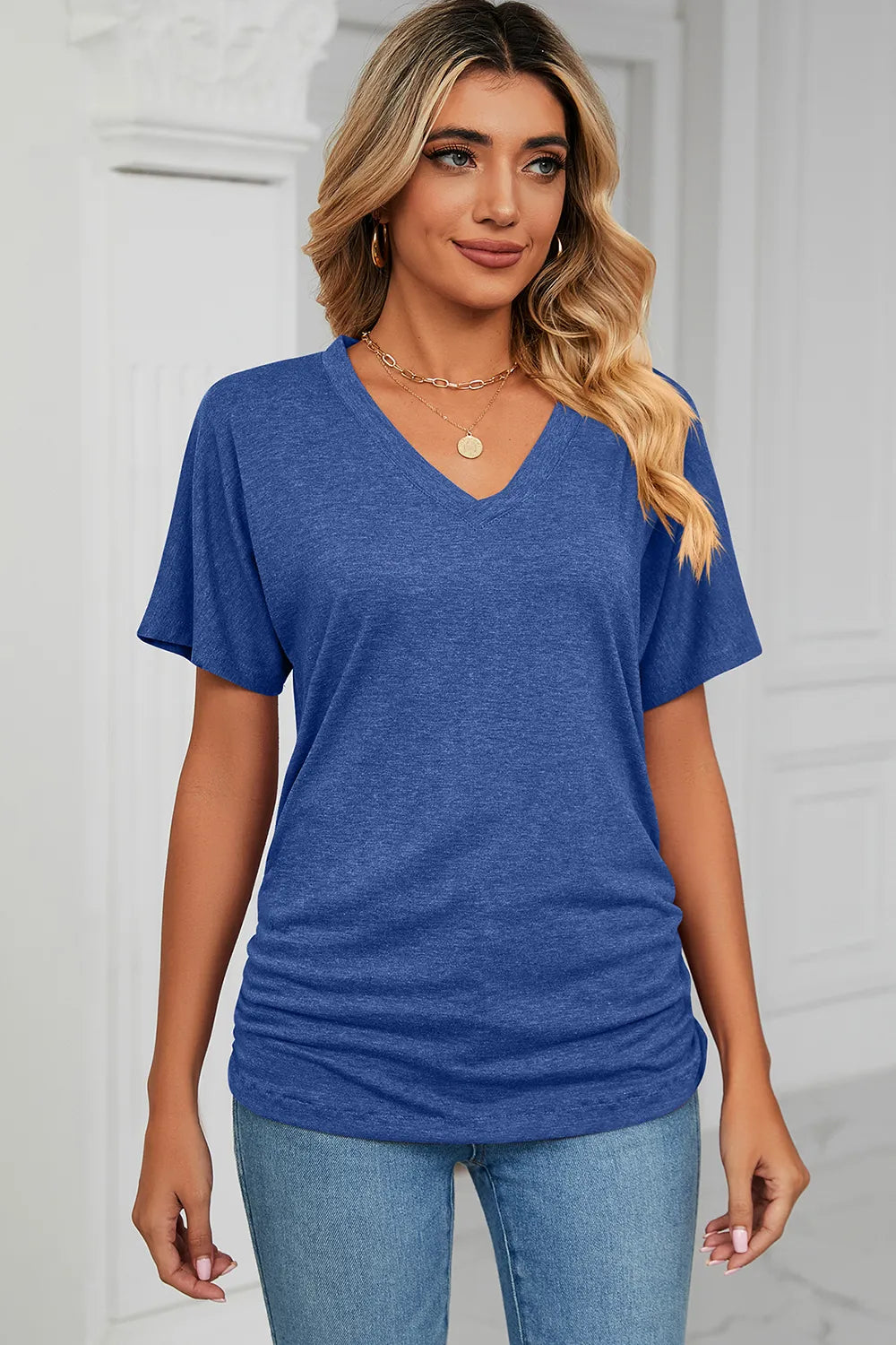 Ruched V-Neck Short Sleeve T-Shirt – Trendsi | ClozArt