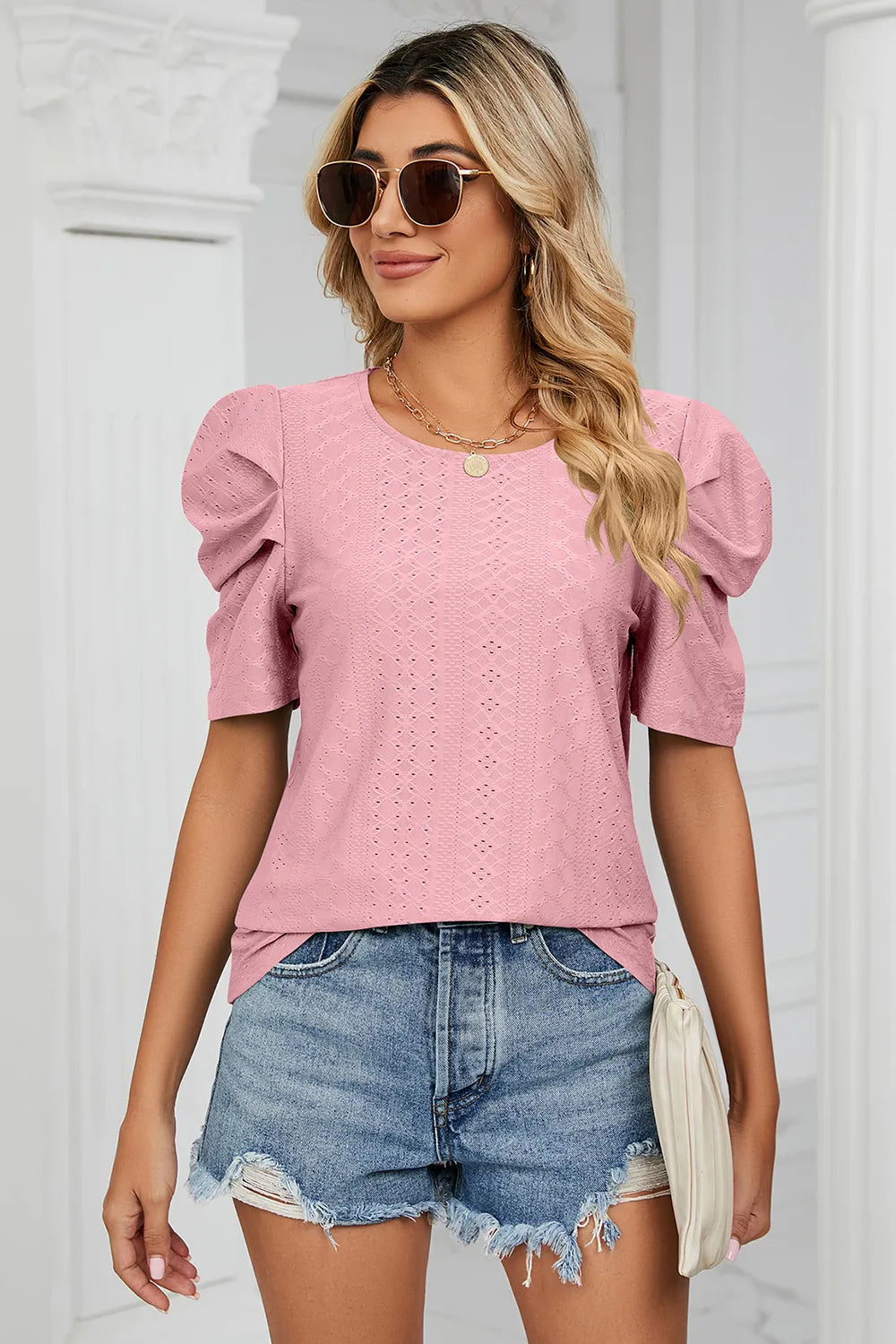 Eyelet Round Neck Puff Sleeve T-Shirt – Trendsi | ClozArt