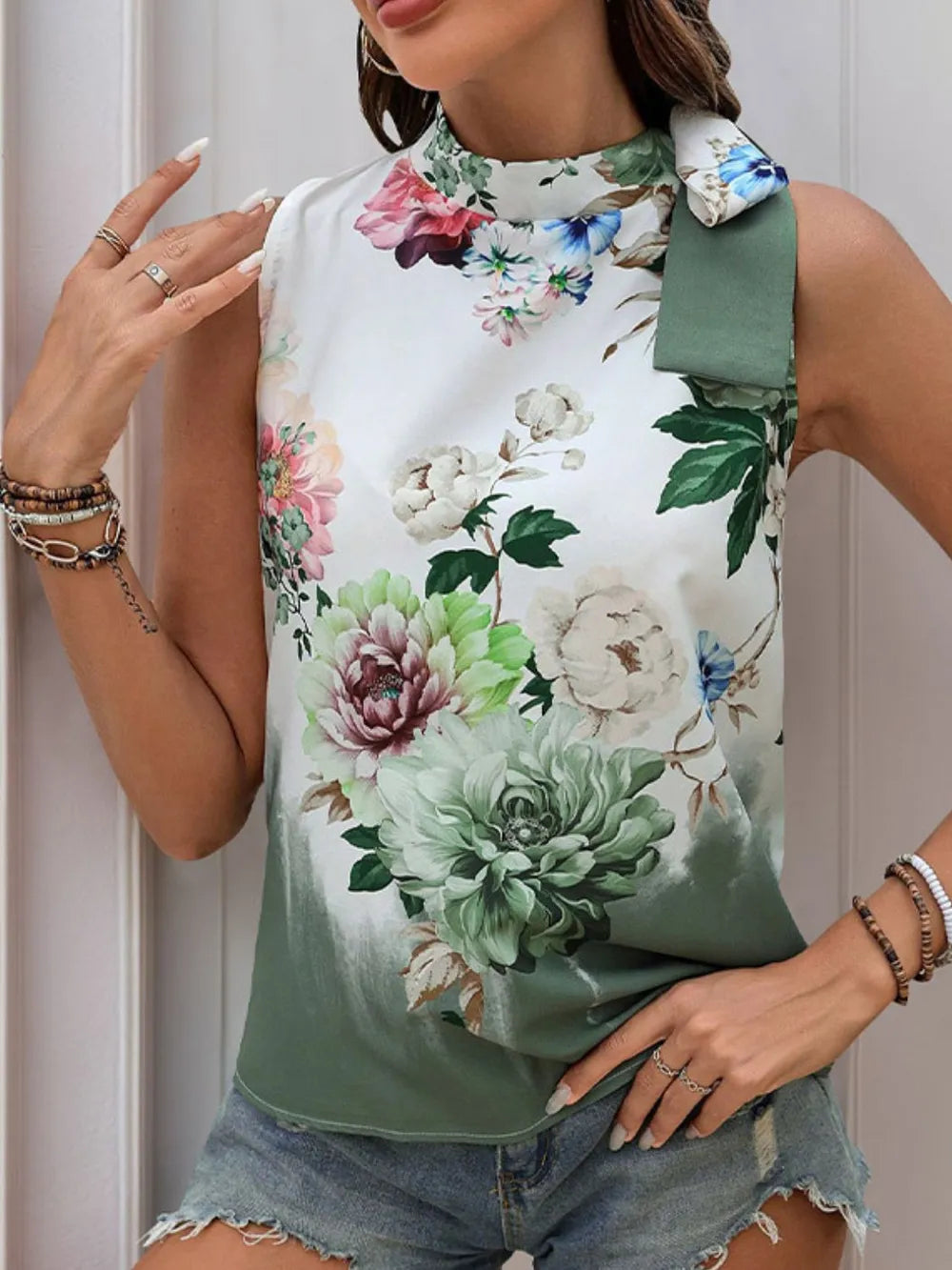Tied Flower Printed Mock Neck Top – Trendsi | ClozArt