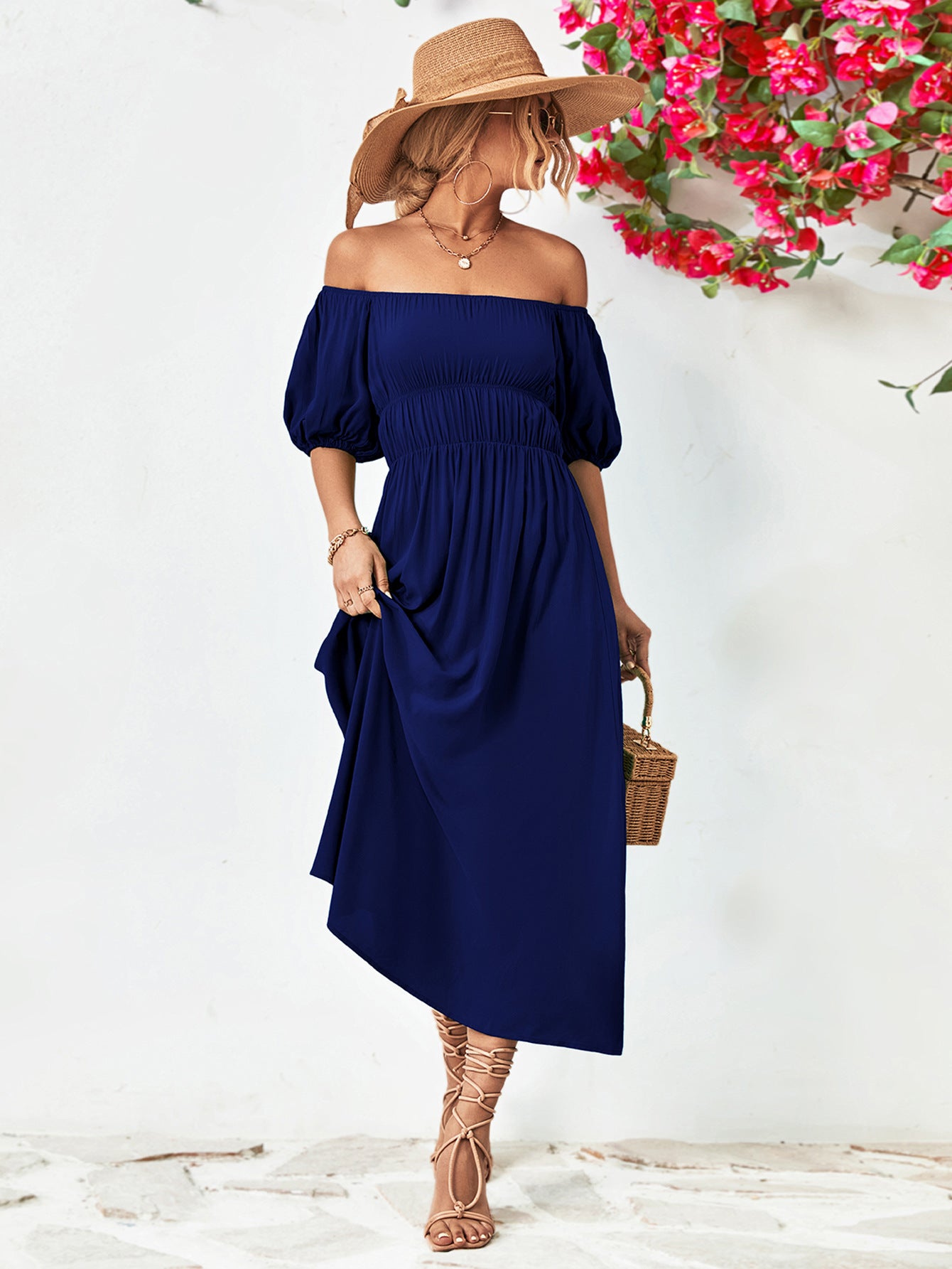 Off-Shoulder Balloon Sleeve Midi Dress – Trendsi | ClozArt
