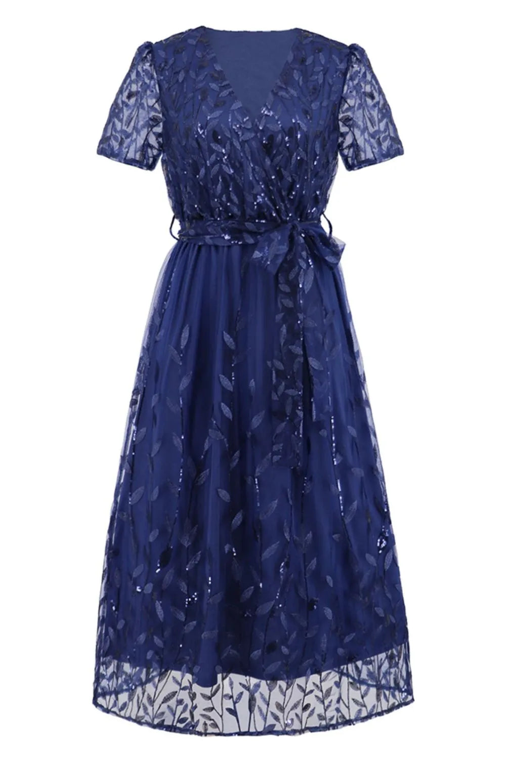Sequin Leaf Embroidery Tie Front Short Sleeve Dress – Trendsi | ClozArt