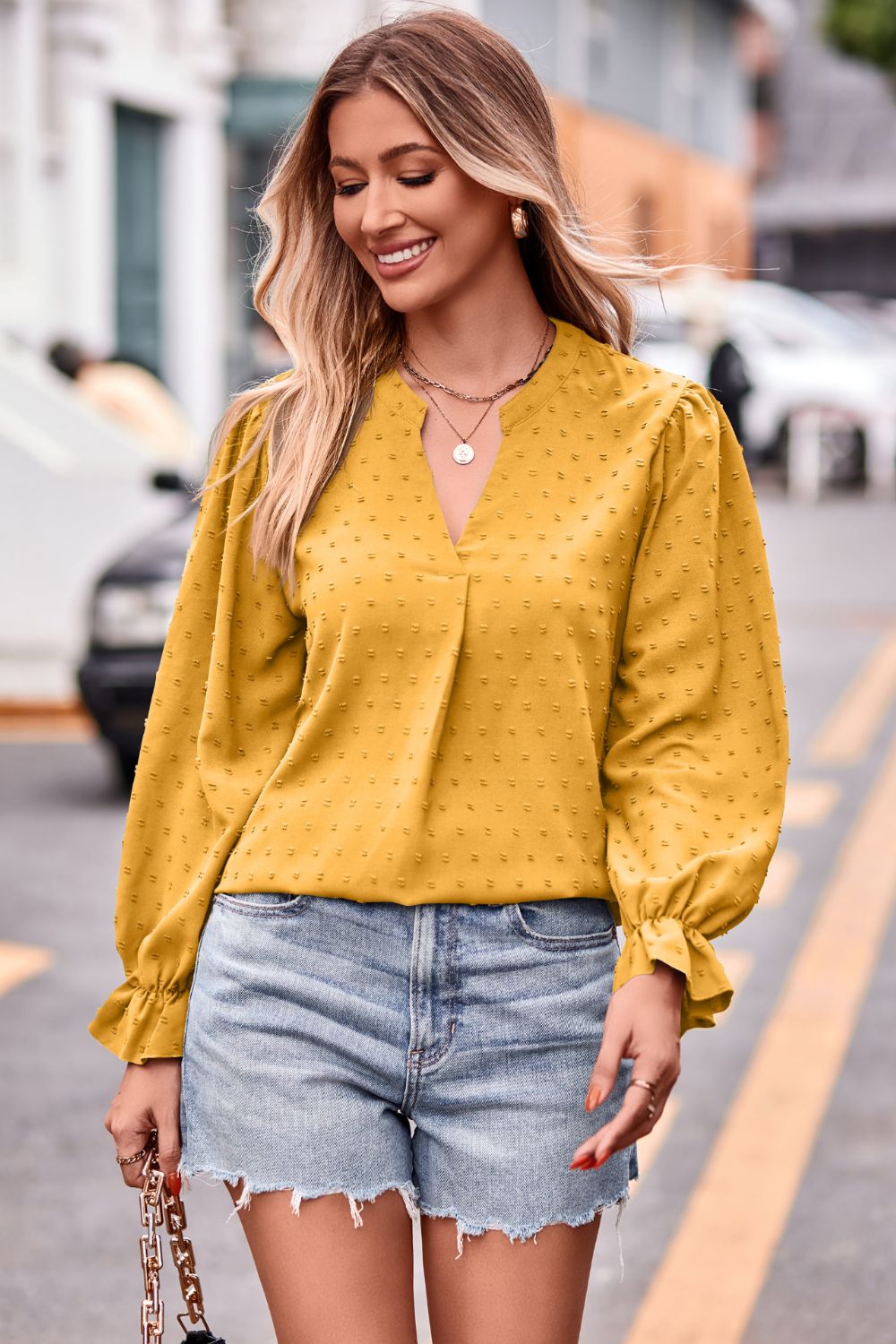 Swiss Dot Notched Neck Flounce Sleeve Blouse – Trendsi | ClozArt