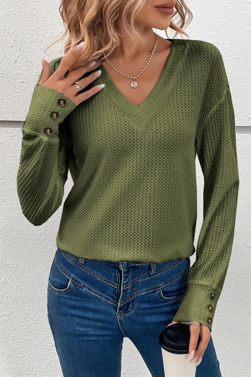 Decorative Button V-Neck Long Sleeve T-Shirt – Trendsi | ClozArt
