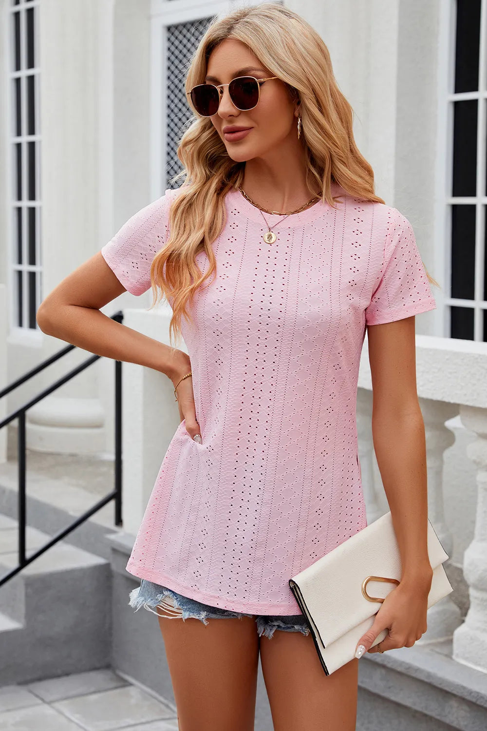 Eyelet Slit Round Neck Short Sleeve T-Shirt – Trendsi | ClozArt