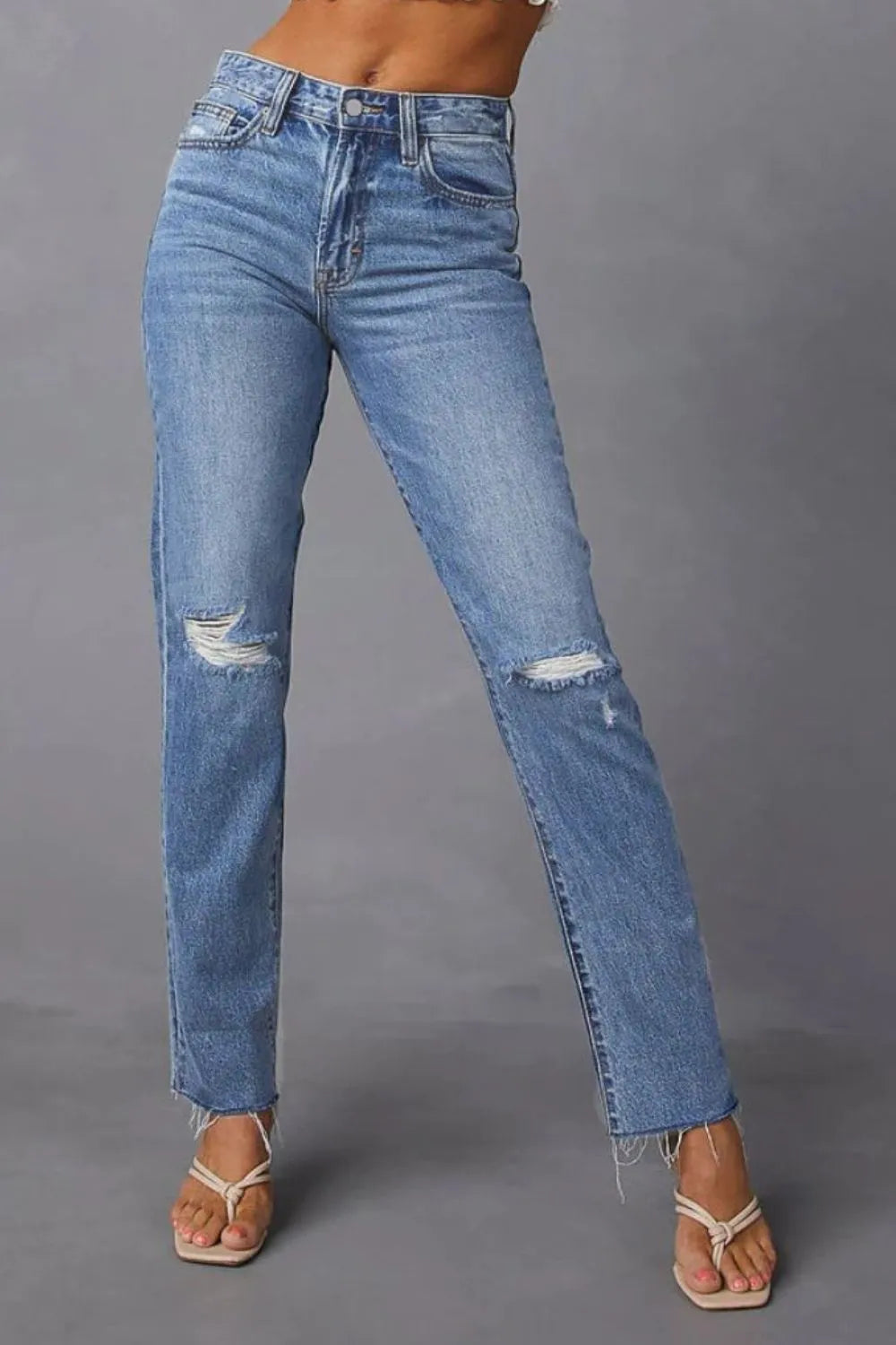 Distressed Raw Hem Straight Jeans with Pockets – Trendsi | ClozArt