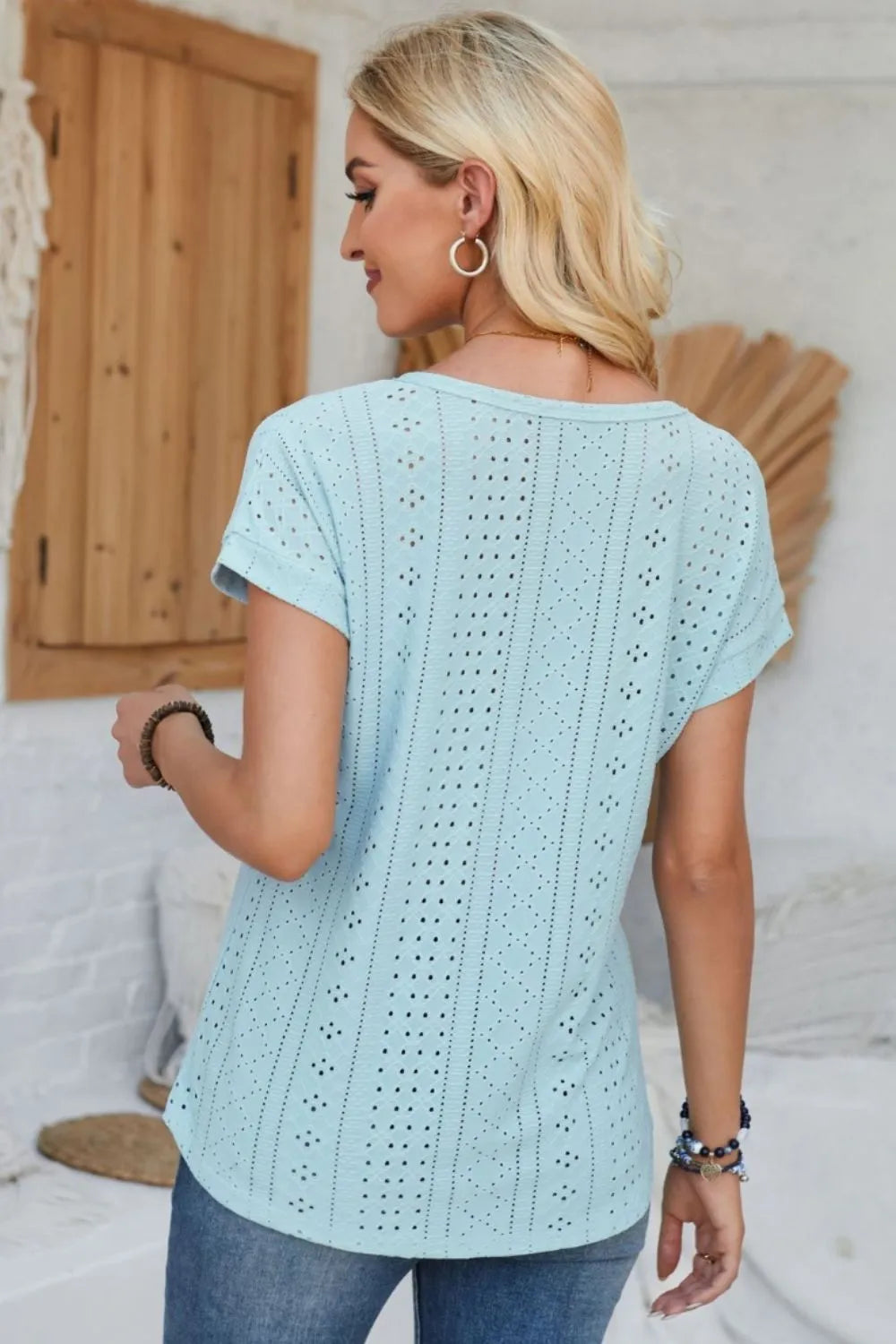 Eyelet Round Neck Rolled Short Sleeve T-Shirt – Trendsi | ClozArt