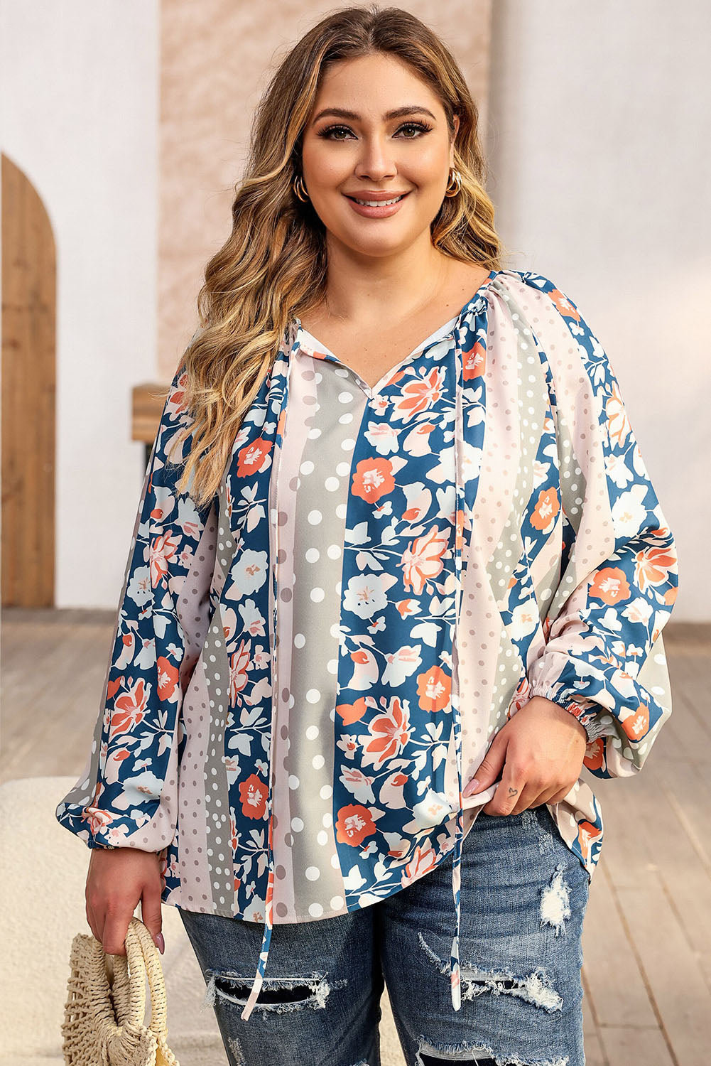Plus Size Floral Tie Neck Blouse – Trendsi | ClozArt